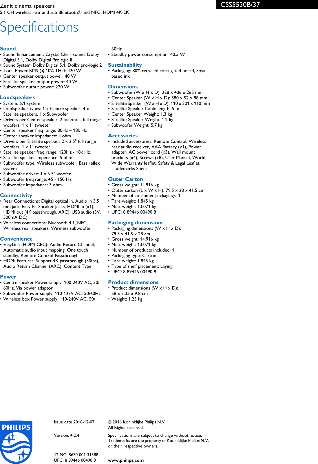 Page 3 of 3 - Philips CSS5530B/37 Zenit Cinema Speakers User Manual Leaflet Css5530b 37 Pss Aenca
