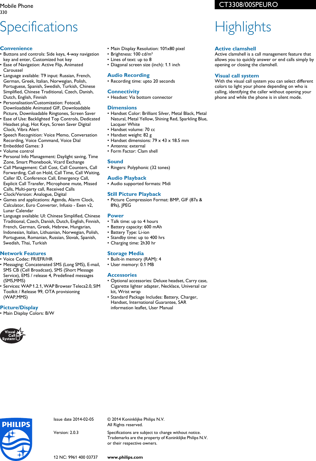 Page 2 of 2 - Philips CT3308/00SPEURO Mobile Phone User Manual Kiadvány Ct3308 00speuro Pss