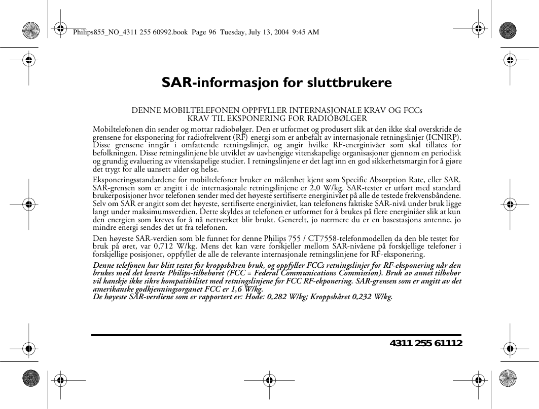 Page 1 of 1 - Philips CT7558/000APMEA Philips855_NO_4311 255 60992 User Manual Specific Absorption Rate  Ct7558 000apmea Sar Nor