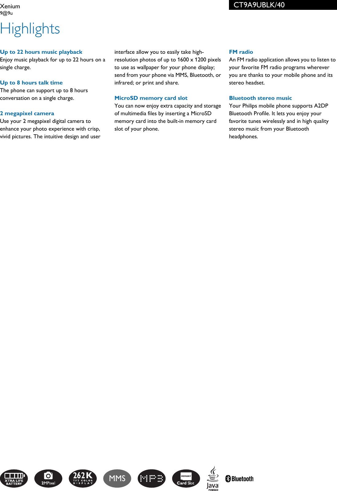 Page 2 of 3 - Philips CT9A9UBLK/40 Xenium User Manual Leaflet Ct9a9ublk 40 Pss Aenhk