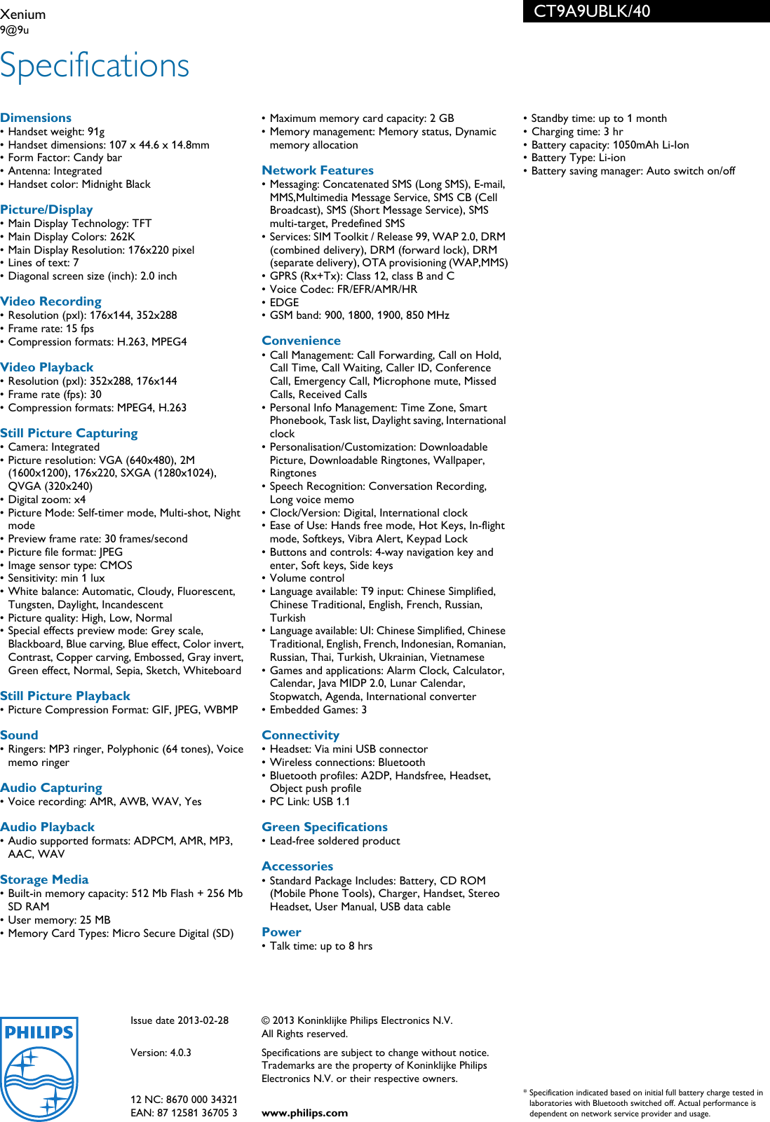 Page 3 of 3 - Philips CT9A9UBLK/40 Xenium User Manual Leaflet Ct9a9ublk 40 Pss Aenhk