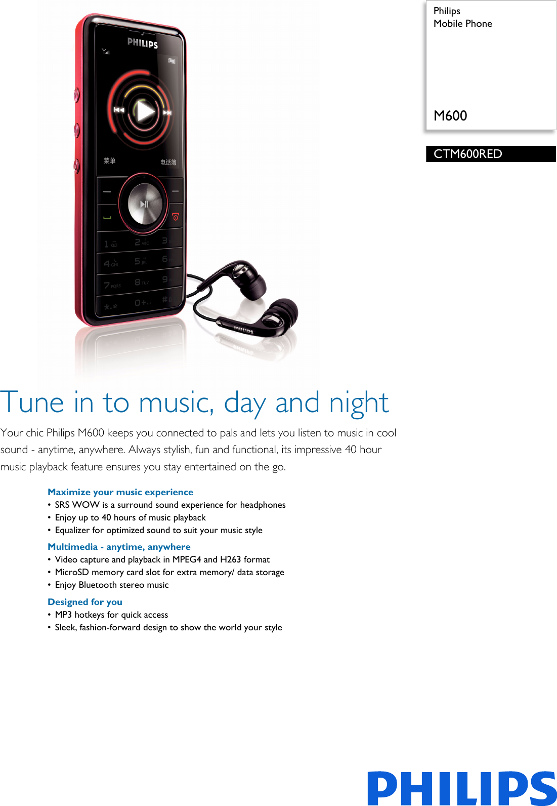 Page 1 of 2 - Philips CTM600RED/40 Mobile Phone User Manual Leaflet Ctm600red 40 Pss