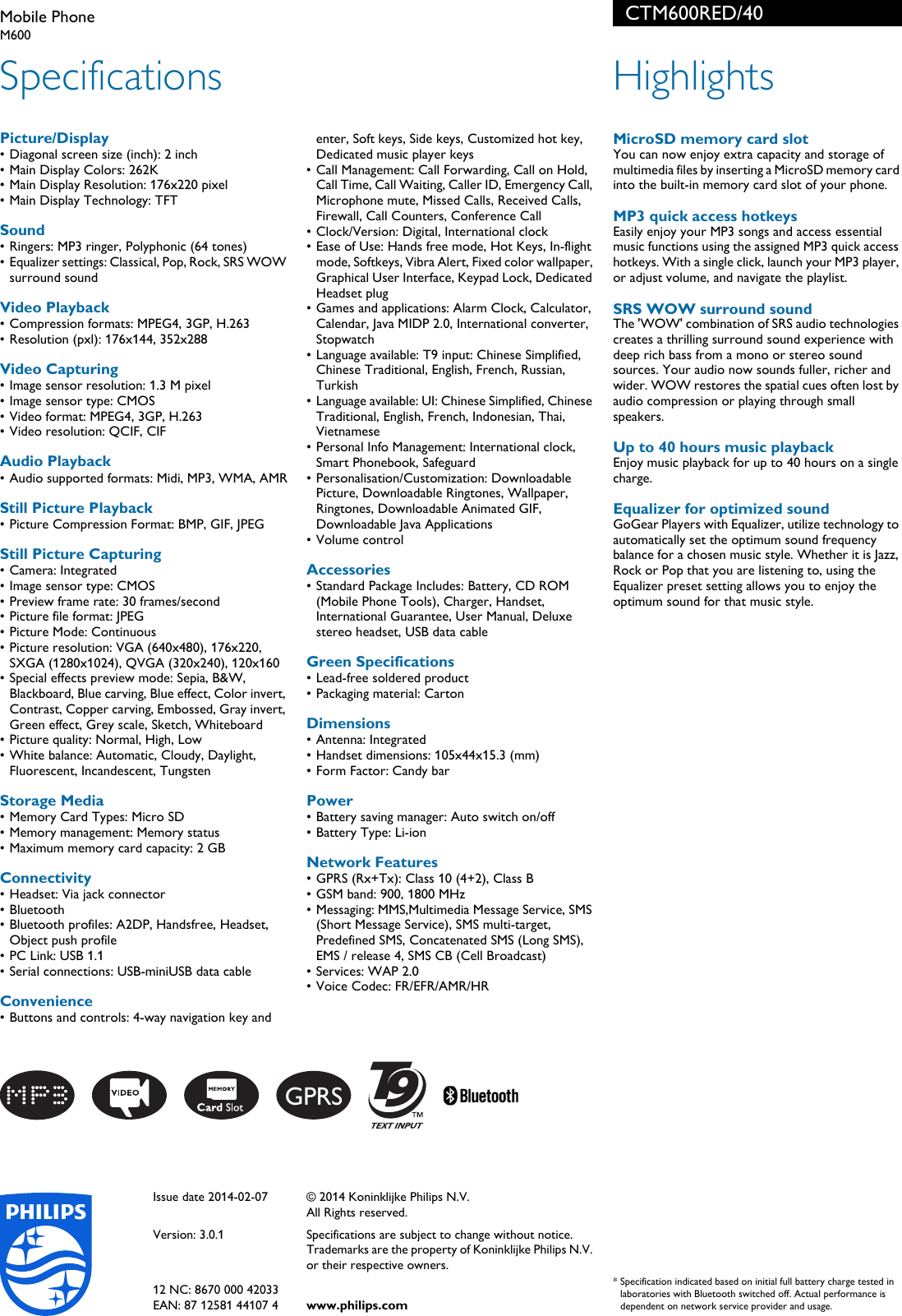 Page 2 of 2 - Philips CTM600RED/40 Mobile Phone User Manual Leaflet Ctm600red 40 Pss