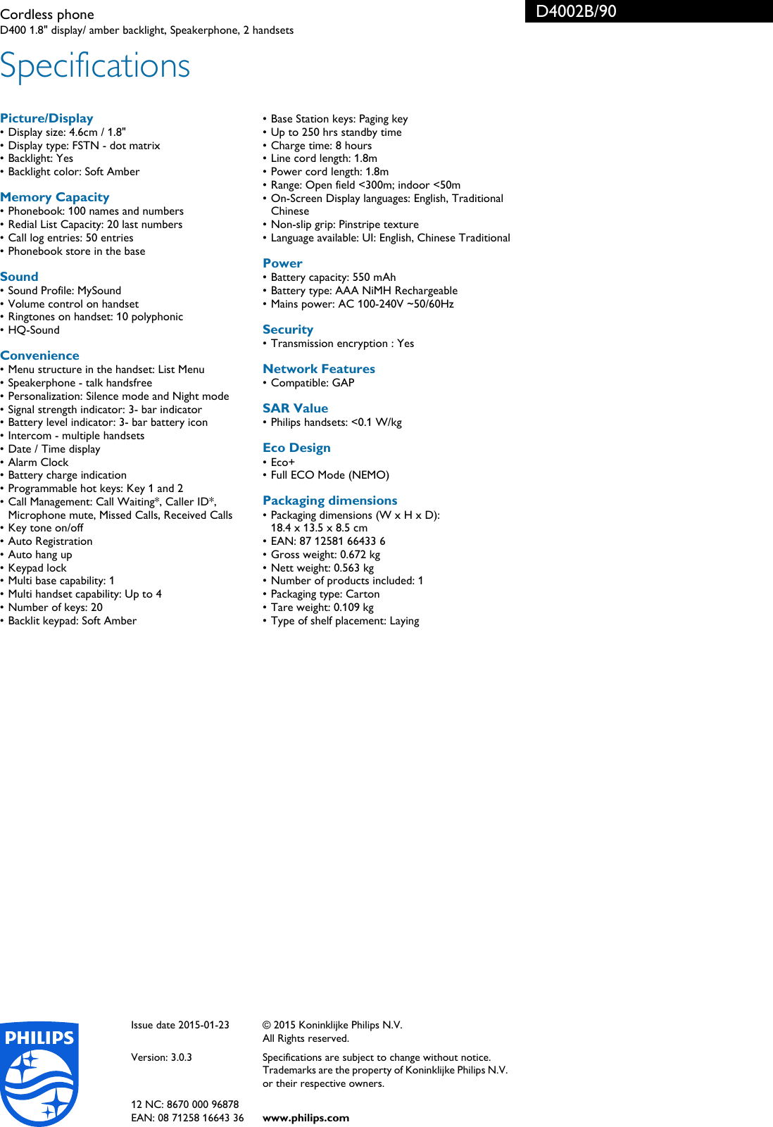 Page 3 of 3 - Philips D4002B/90 Cordless Phone User Manual Leaflet D4002b 90 Pss Engsg