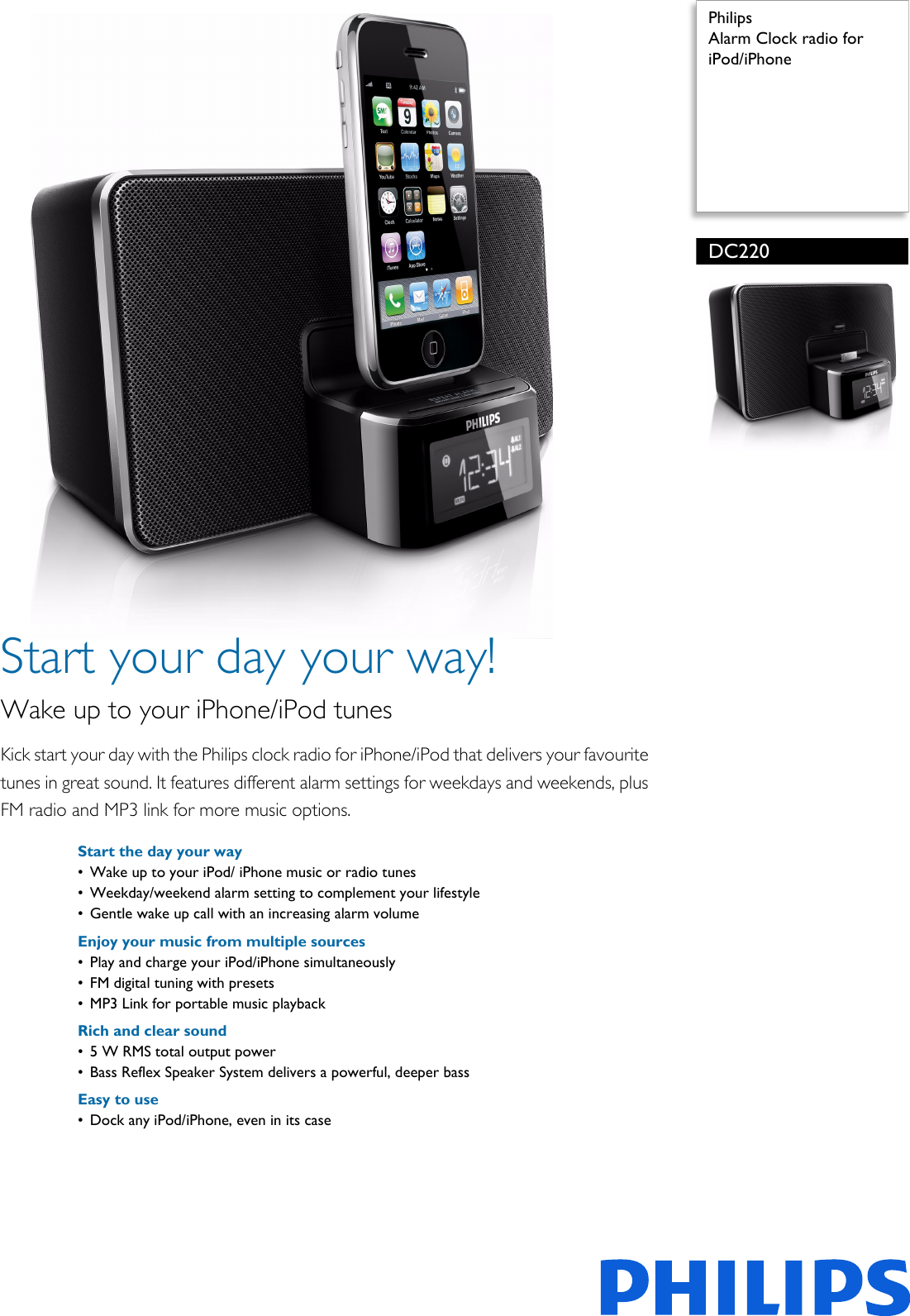 Page 1 of 2 - Philips DC220/12 Alarm Clock Radio For IPod/iPhone User Manual Leaflet Dc220 12 Pss Engie