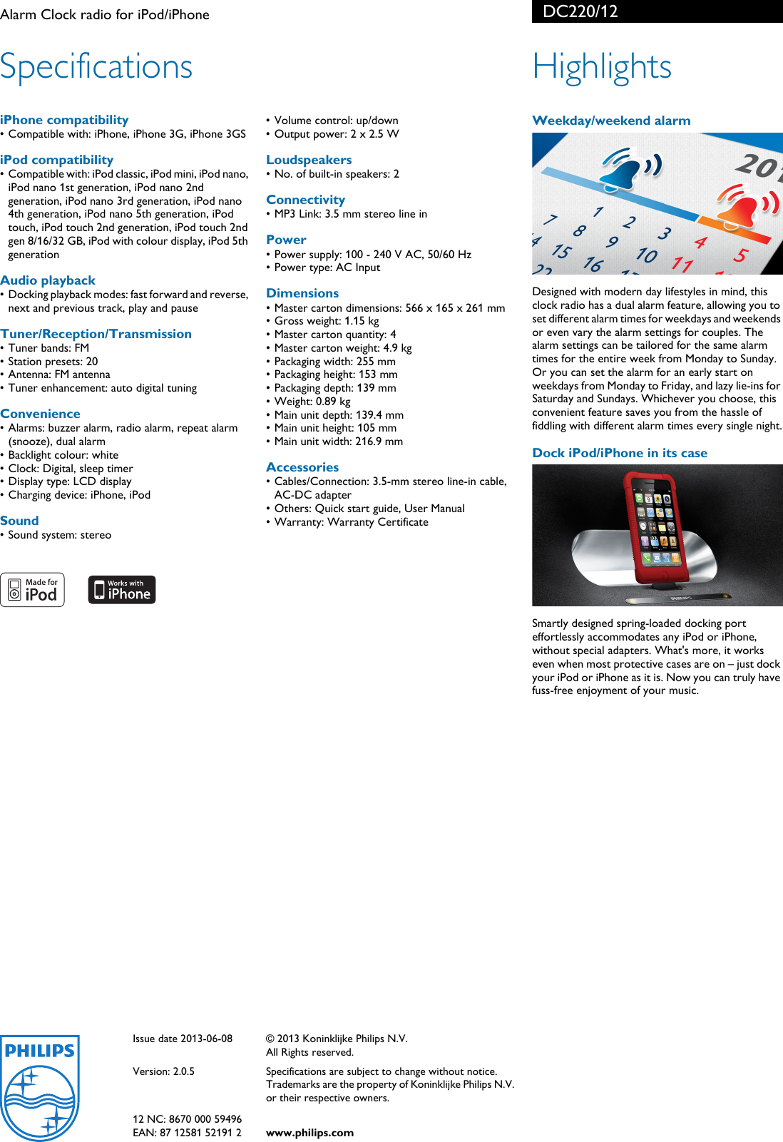 Page 2 of 2 - Philips DC220/12 Alarm Clock Radio For IPod/iPhone User Manual Leaflet Dc220 12 Pss Engie