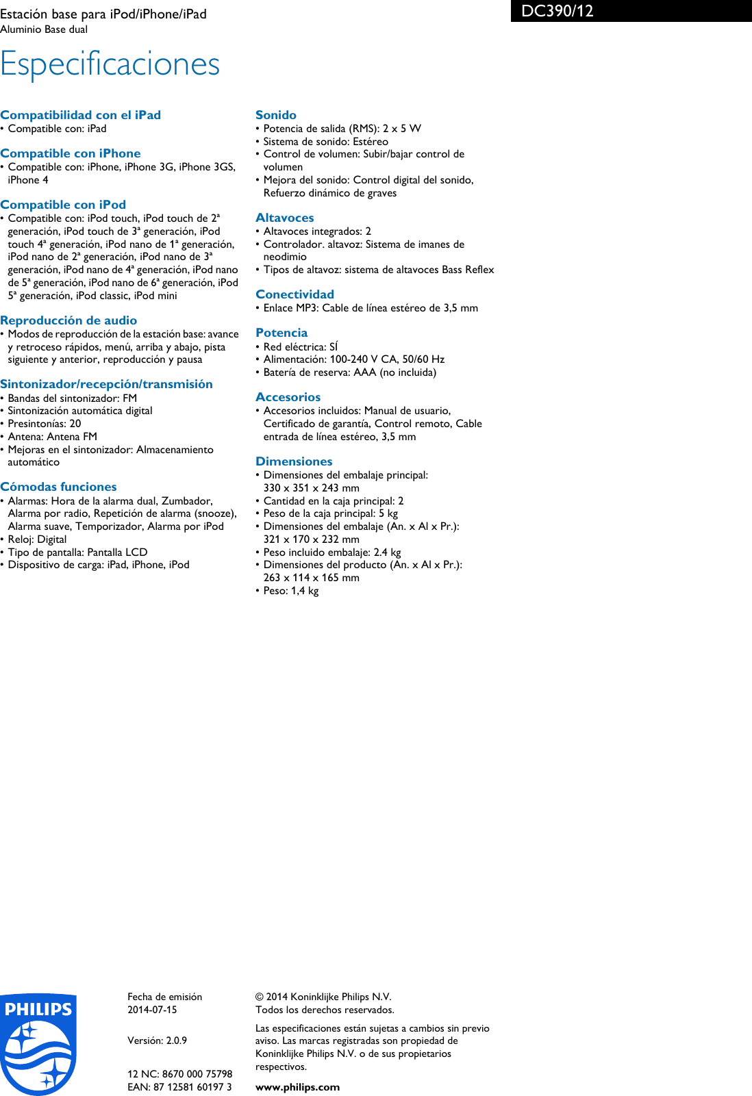 Page 3 of 3 - Philips DC390/12 Estación Base Para IPod/iPhone/iPad User Manual Folleto Dc390 12 Pss Espes