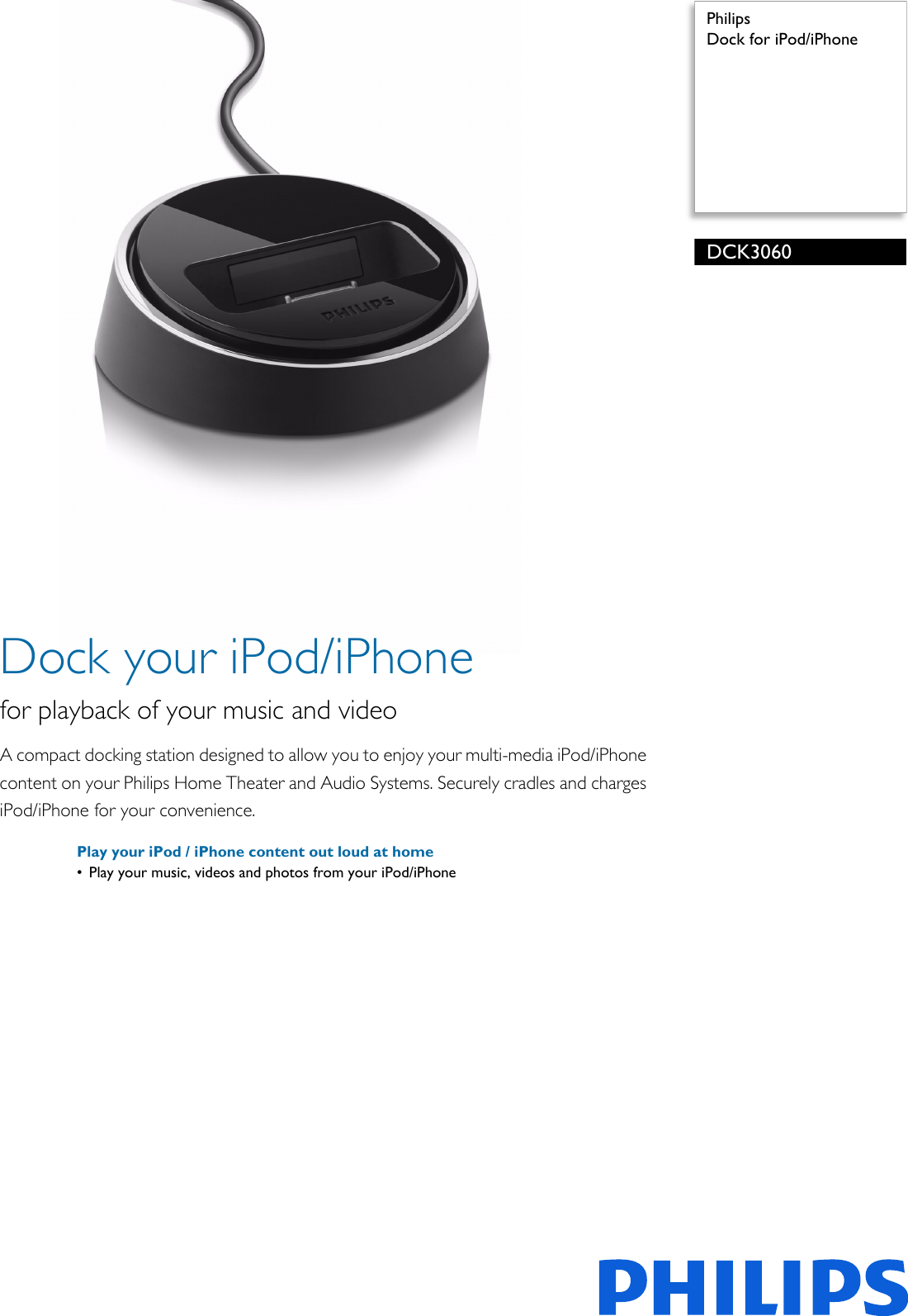 Page 1 of 2 - Philips DCK3060/00 Dock For IPod/iPhone User Manual Leaflet Dck3060 00 Pss Aenin