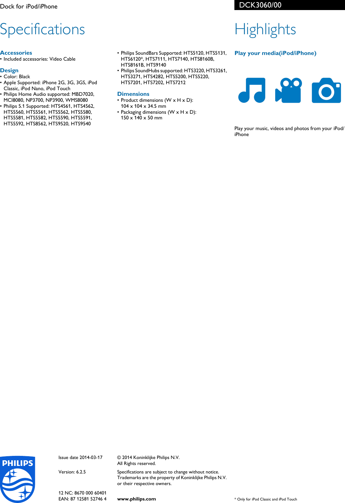 Page 2 of 2 - Philips DCK3060/00 Dock For IPod/iPhone User Manual Leaflet Dck3060 00 Pss Aenin
