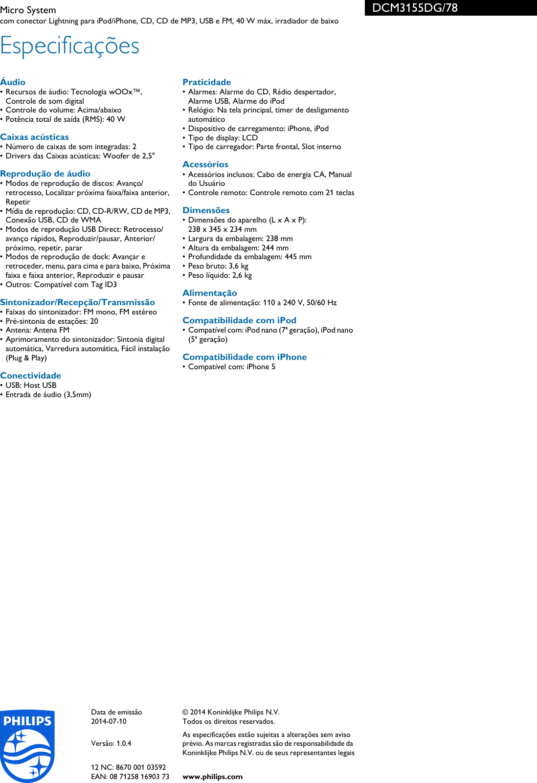 Page 3 of 3 - Philips DCM3155DG/78 Micro System User Manual Folheto Dcm3155dg 78 Pss Brpbr