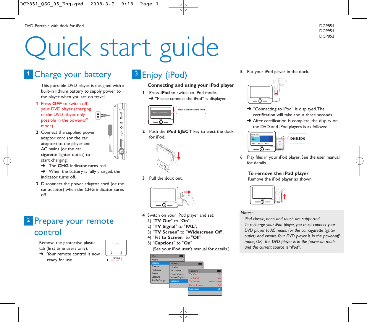 Page 1 of 2 - Philips DCP951/05 DCP851_QSG_05_Eng User Manual Quick Start Guide Dcp951 05 Qsg Eng