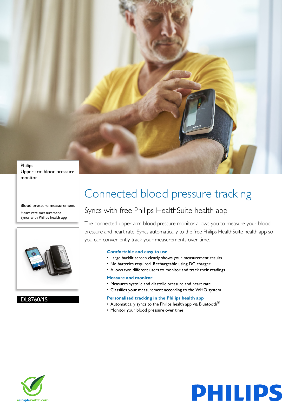 Page 1 of 3 - Philips DL8760/15 Upper Arm Blood Pressure Monitor User Manual Leaflet Dl8760 15 Pss Enggb
