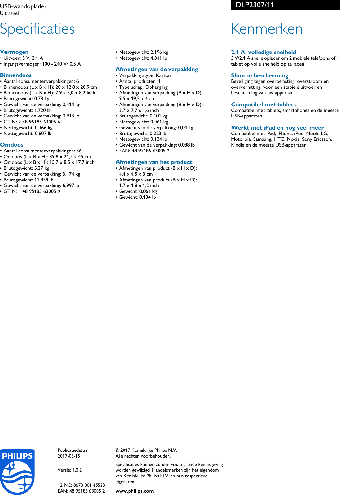 Page 2 of 2 - Philips DLP2307/11 USB-wandoplader User Manual Brochure Dlp2307 11 Pss Nldnl