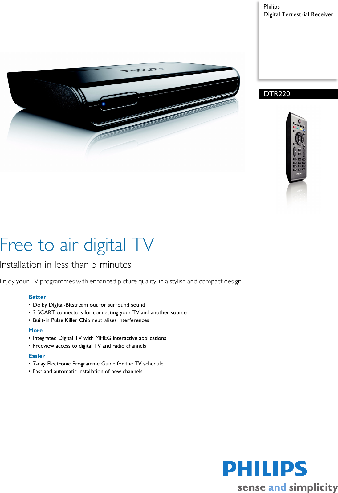 Page 1 of 2 - Philips DTR220/05 Digital Terrestrial Receiver User Manual Leaflet Dtr220 05 Pss Enggb