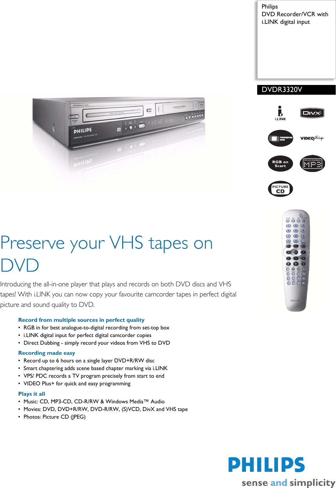 Page 1 of 2 - Philips DVDR3320V/05 DVD Recorder/VCR With I.LINK Digital Input User Manual Leaflet Dvdr3320v 05 Pss Enggb