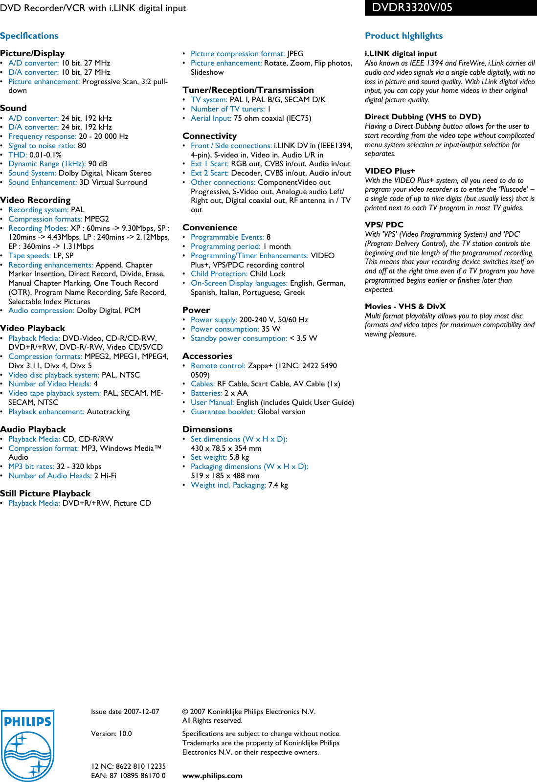 Page 2 of 2 - Philips DVDR3320V/05 DVD Recorder/VCR With I.LINK Digital Input User Manual Leaflet Dvdr3320v 05 Pss Enggb