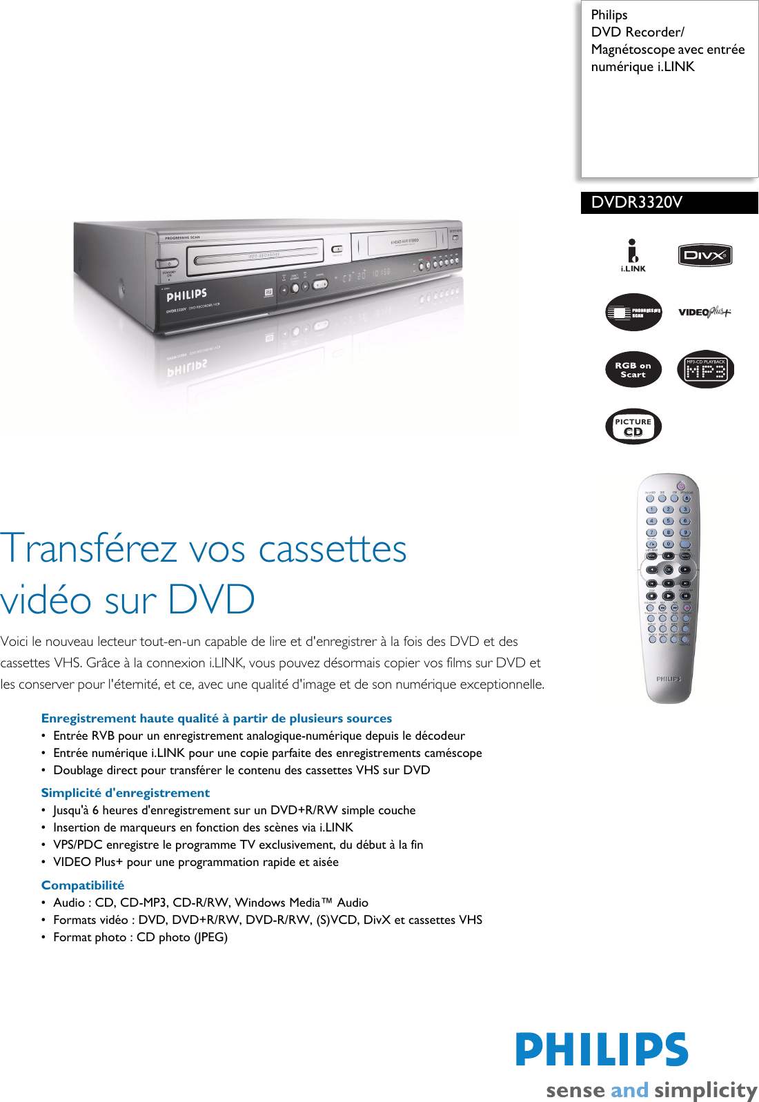 Page 1 of 2 - Philips DVDR3320V/05 DVD Recorder/Magnétoscope Avec Entrée Numérique I.LINK User Manual Fiche Produit Dvdr3320v 05 Pss Frafr