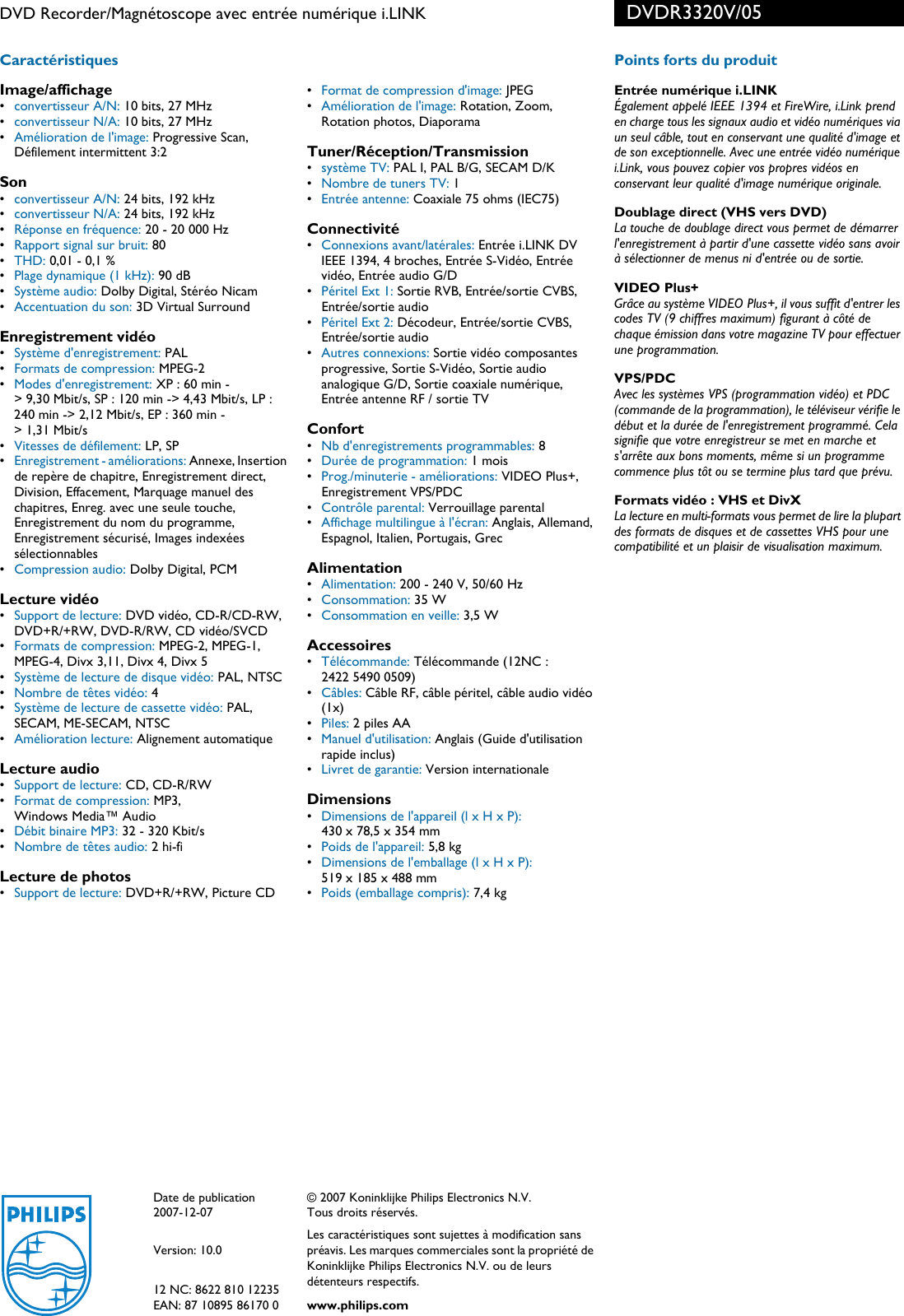 Page 2 of 2 - Philips DVDR3320V/05 DVD Recorder/Magnétoscope Avec Entrée Numérique I.LINK User Manual Fiche Produit Dvdr3320v 05 Pss Frafr