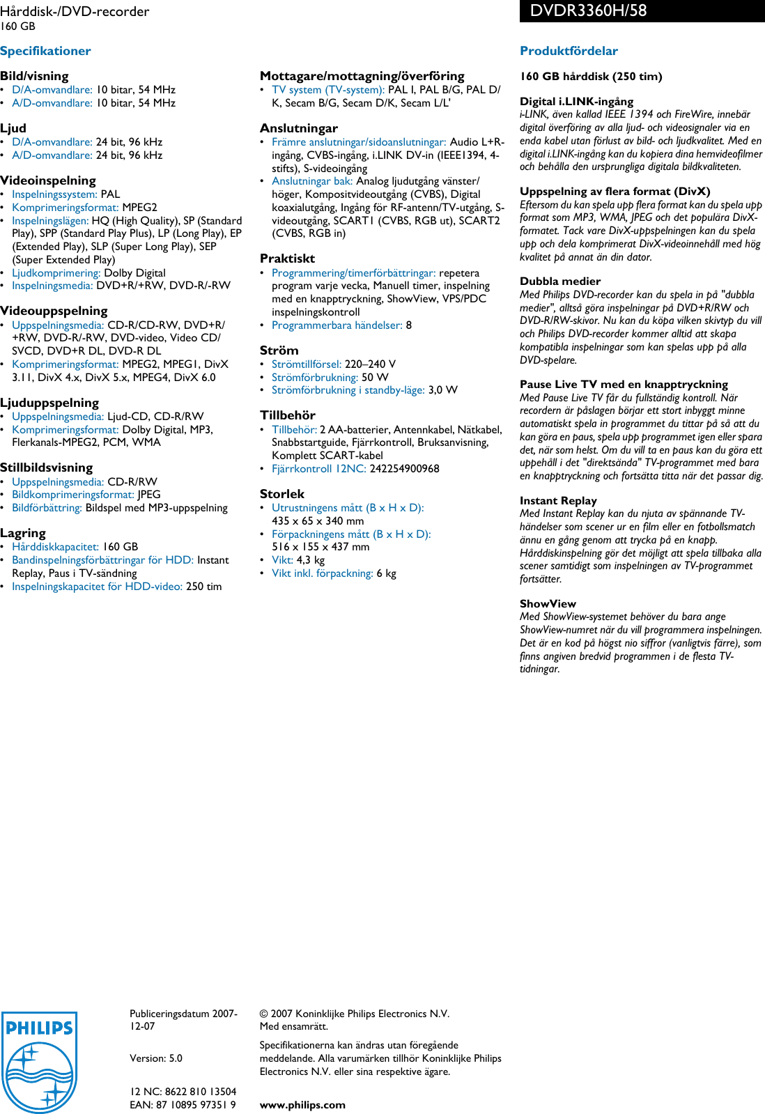 Page 2 of 2 - Philips DVDR3360H/58 Hårddisk-/DVD-recorder User Manual Broschyr Dvdr3360h 58 Pss Swese
