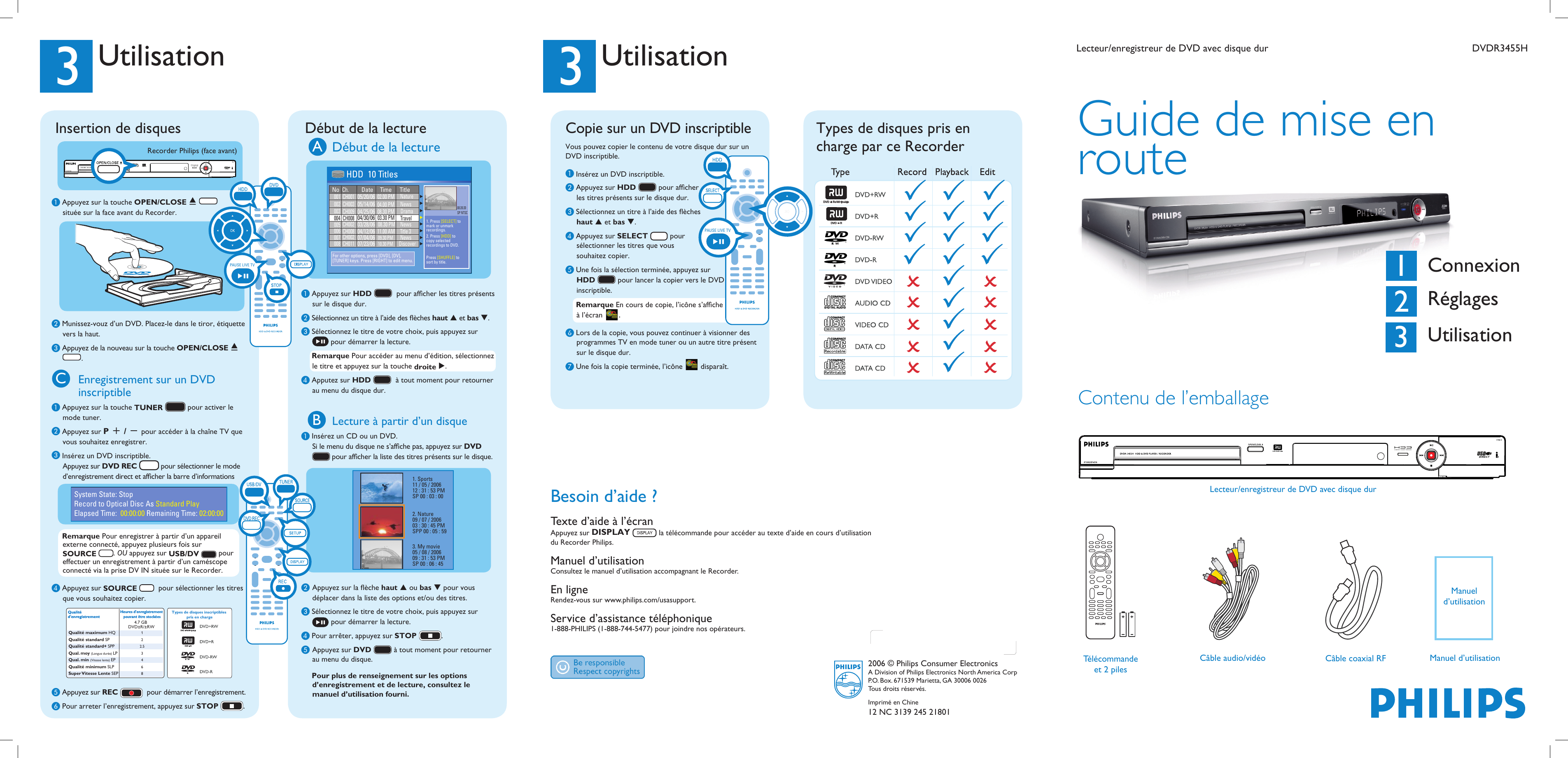 Page 1 of 2 - Philips DVDR3455H/37 DVDR3455H_QSG_fre_21801b User Manual Quick Start Guide Dvdr3455h 37 Qsg Fra