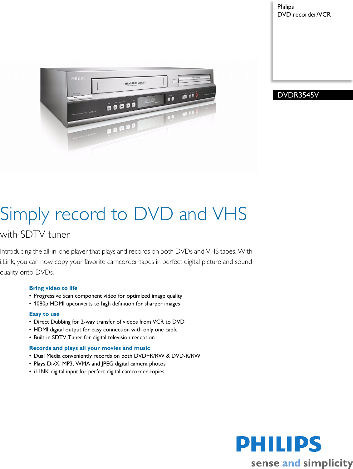 Philips DVDR3545V/F7 DVD Recorder/VCR User Manual Leaflet Dvdr3545v F7