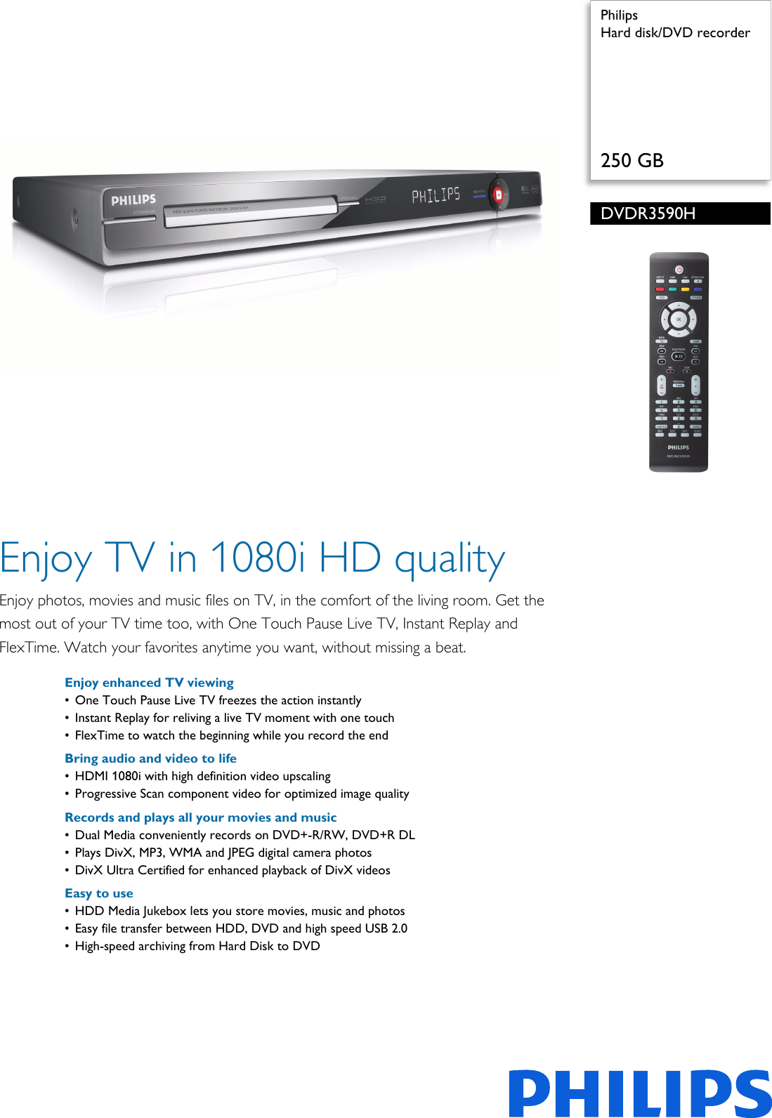 Philips DVDR3590H/97 Hard Disk/DVD Recorder User Manual Leaflet