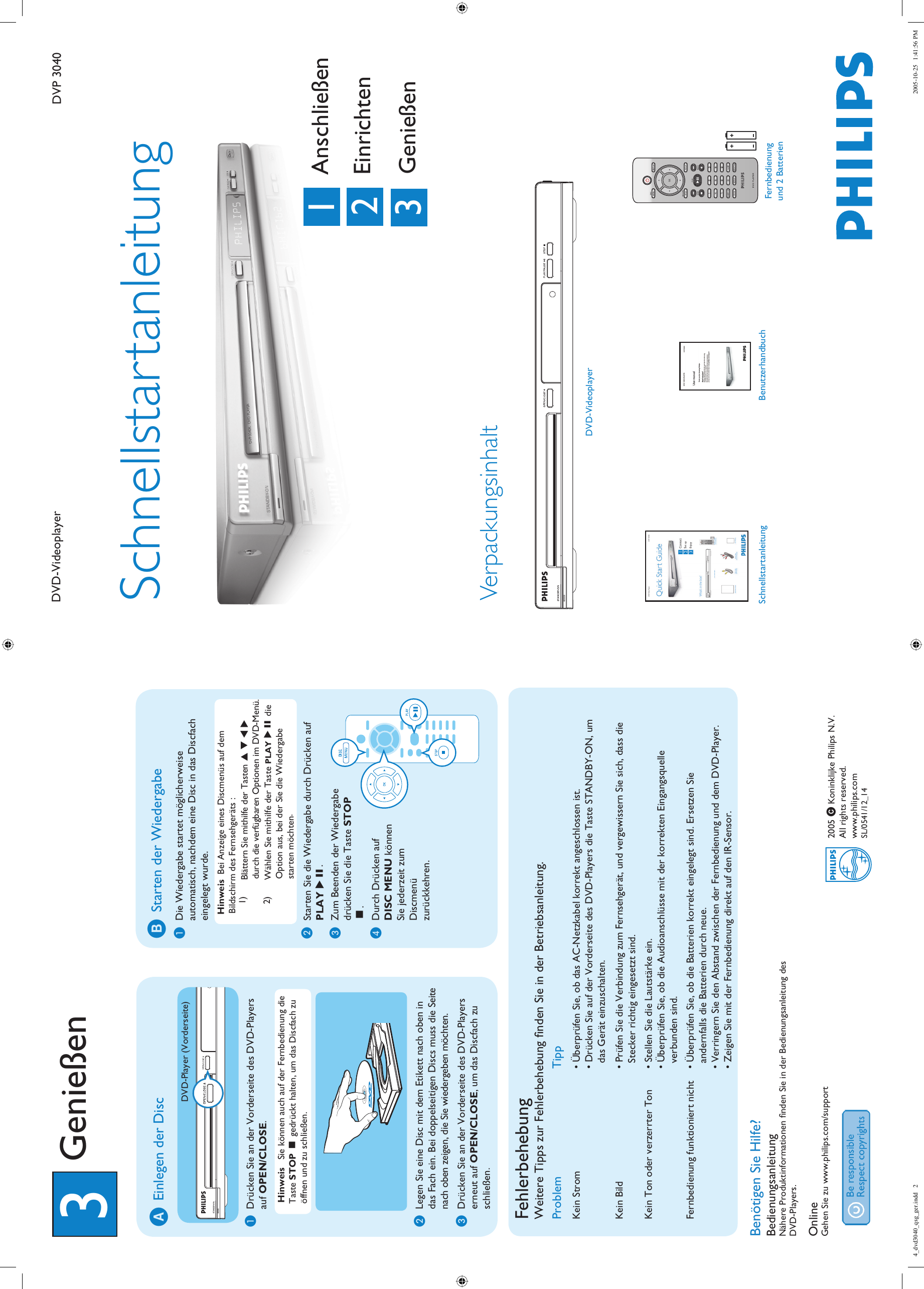 Page 2 of 2 - Philips DVP3040/12 4_dvd3040_qsg_ger User Manual Snelstartgids Dvp3040 12 Qsg Deu
