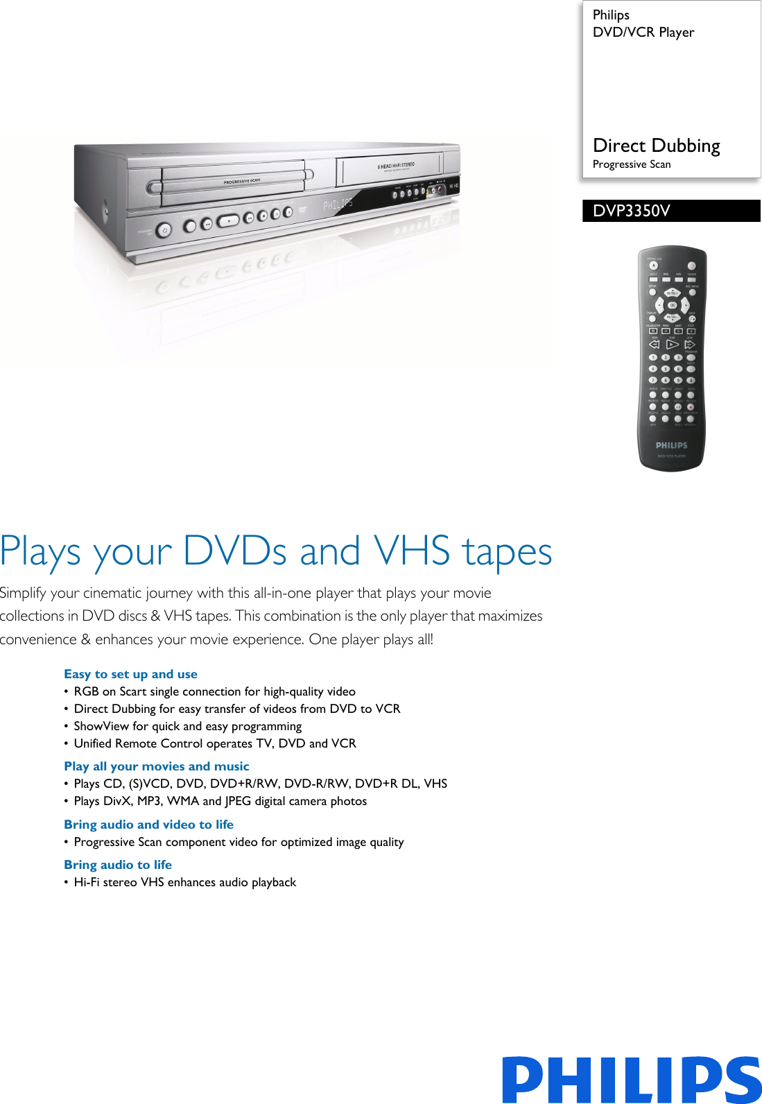 Page 1 of 3 - Philips DVP3350V/01 DVD/VCR Player User Manual Leaflet Dvp3350v 01 Pss
