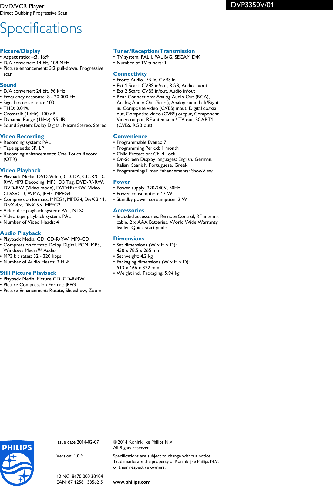 Page 3 of 3 - Philips DVP3350V/01 DVD/VCR Player User Manual Leaflet Dvp3350v 01 Pss