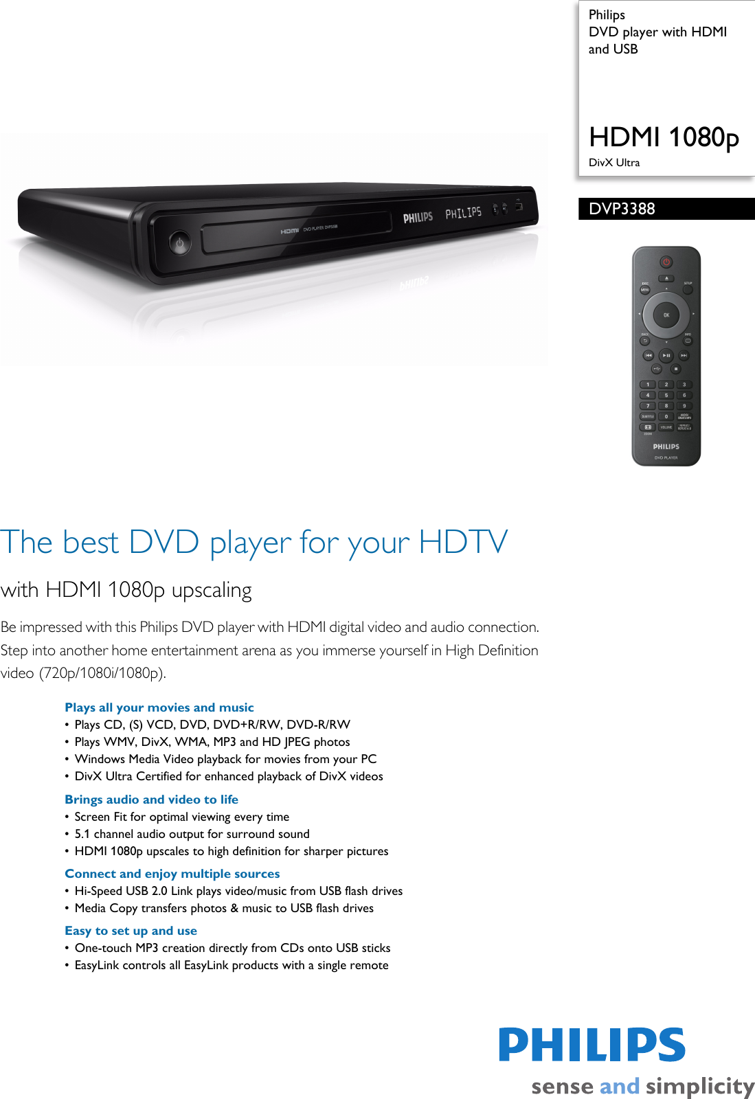 Page 1 of 3 - Philips DVP3388/94 DVD Player With HDMI And USB User Manual Leaflet Dvp3388 94 Pss Enggb