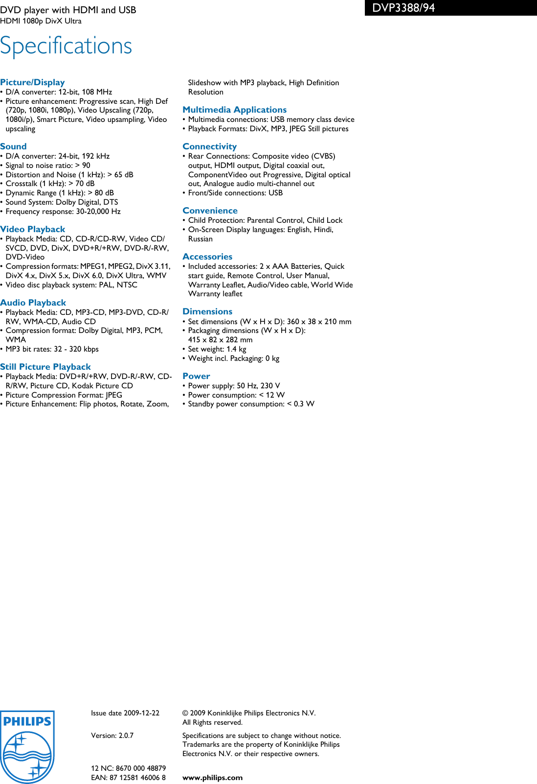 Page 3 of 3 - Philips DVP3388/94 DVD Player With HDMI And USB User Manual Leaflet Dvp3388 94 Pss Enggb