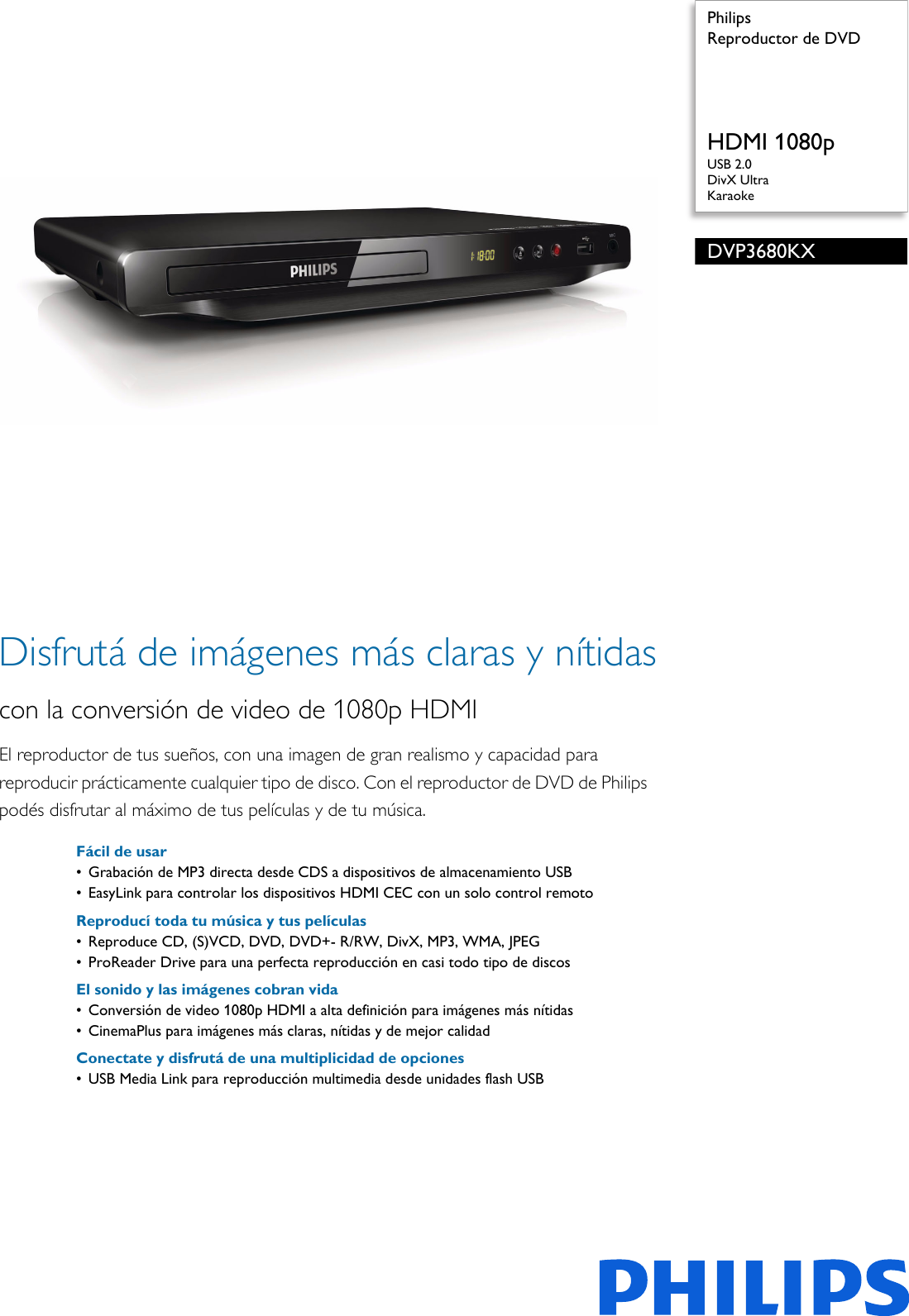 Page 1 of 3 - Philips DVP3680KX/77 Reproductor De DVD User Manual Folleto Dvp3680kx 77 Pss Aspar