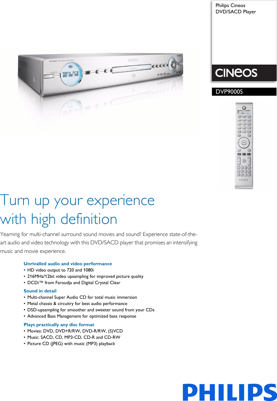 Page 1 of 3 - Philips DVP9000S/69 DVD/SACD Player User Manual Leaflet Dvp9000s 69 Pss