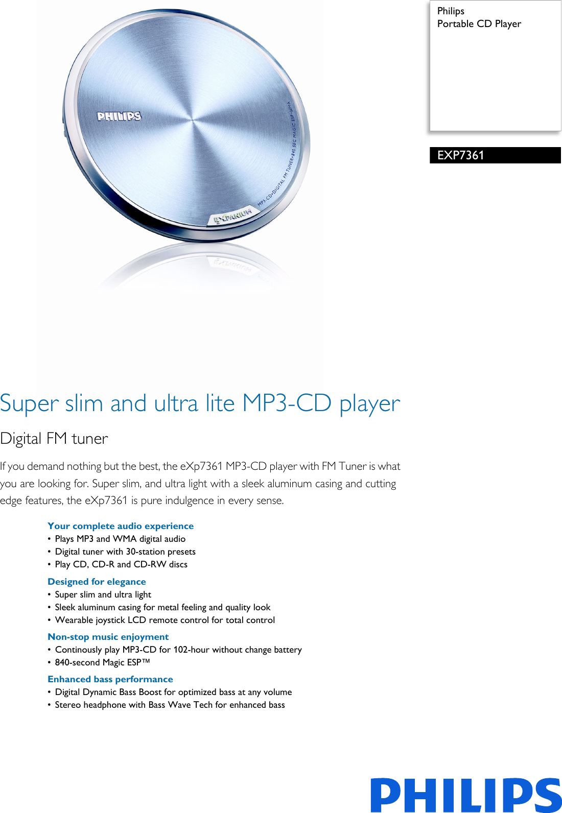Page 1 of 2 - Philips EXP7361/00C Portable CD Player User Manual Kiadvány Exp7361 00c Pss