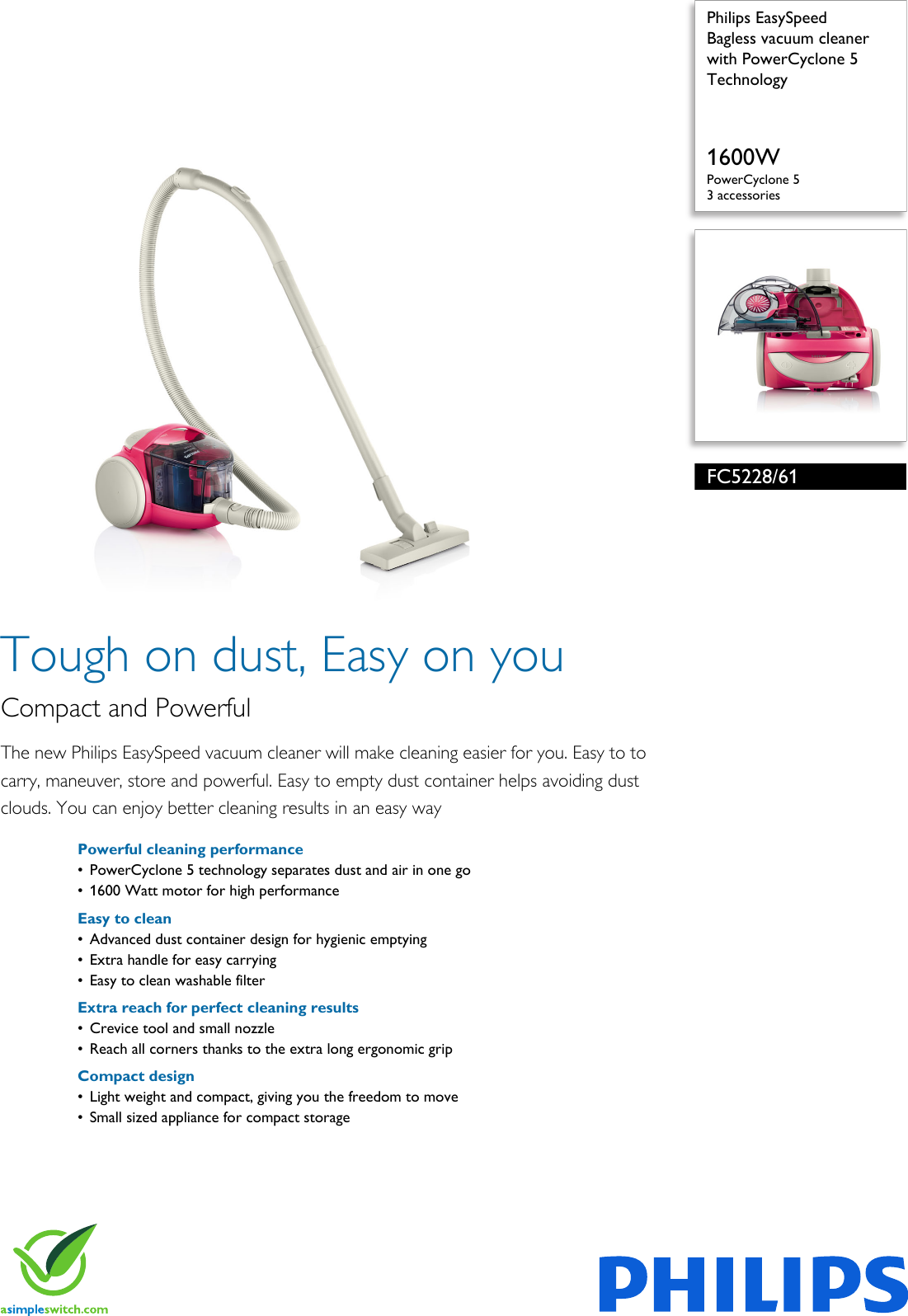 Page 1 of 3 - Philips FC5228/61 Bagless Vacuum Cleaner With PowerCyclone 5 Technology User Manual Leaflet Fc5228 61 Pss Aenhk