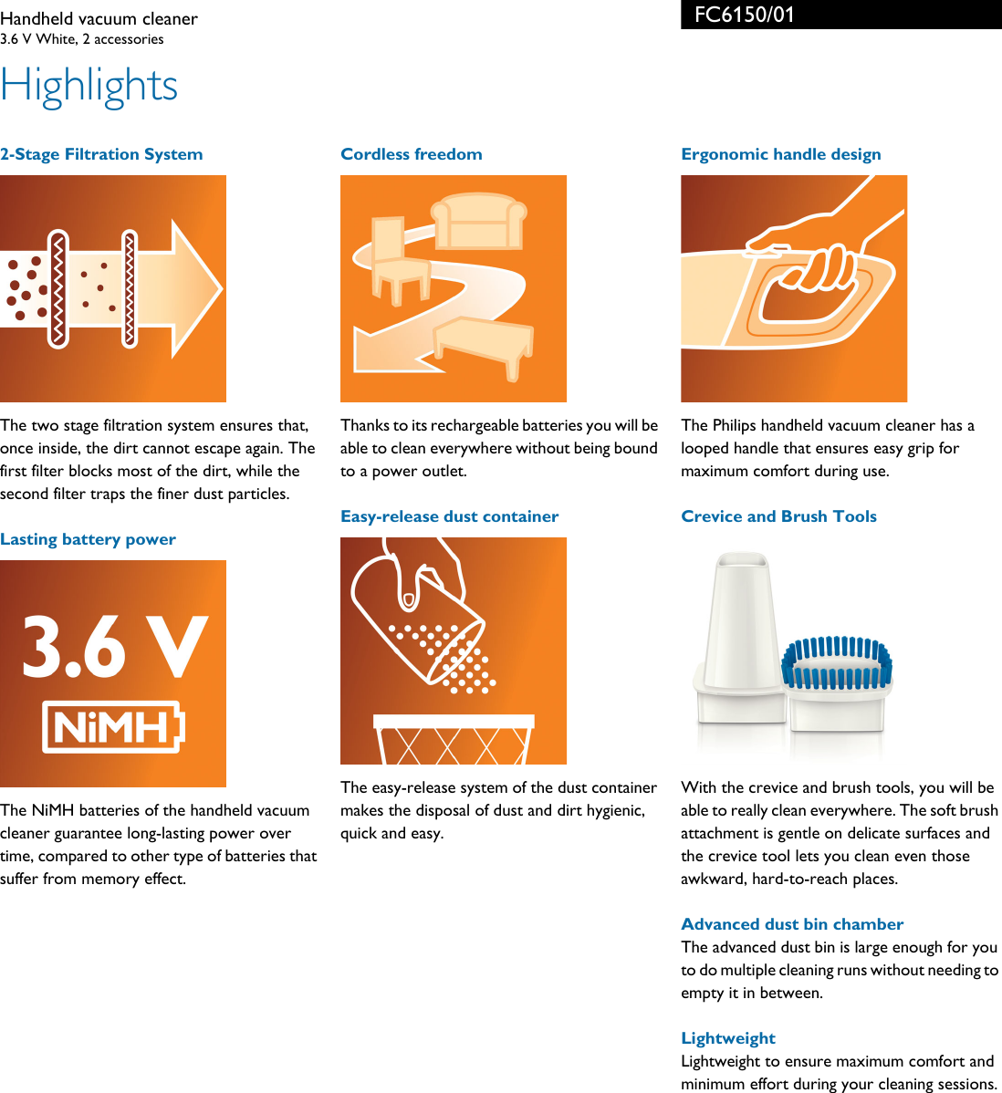 Page 2 of 3 - Philips FC6150/01 Handheld Vacuum Cleaner User Manual Leaflet Fc6150 01 Pss