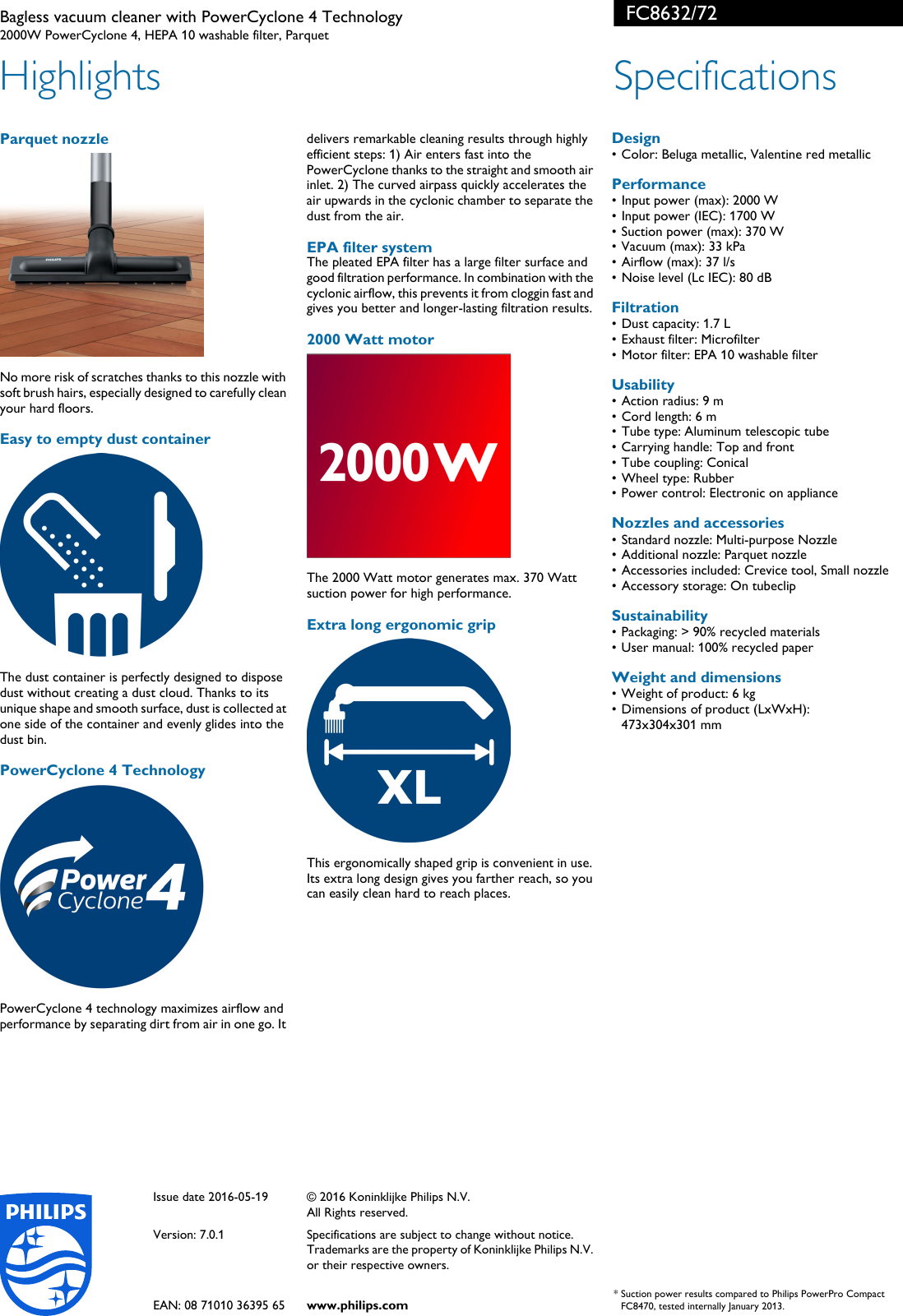 Page 2 of 2 - Philips FC8632/72 Bagless Vacuum Cleaner With PowerCyclone 4 Technology User Manual Leaflet Fc8632 72 Pss Engau