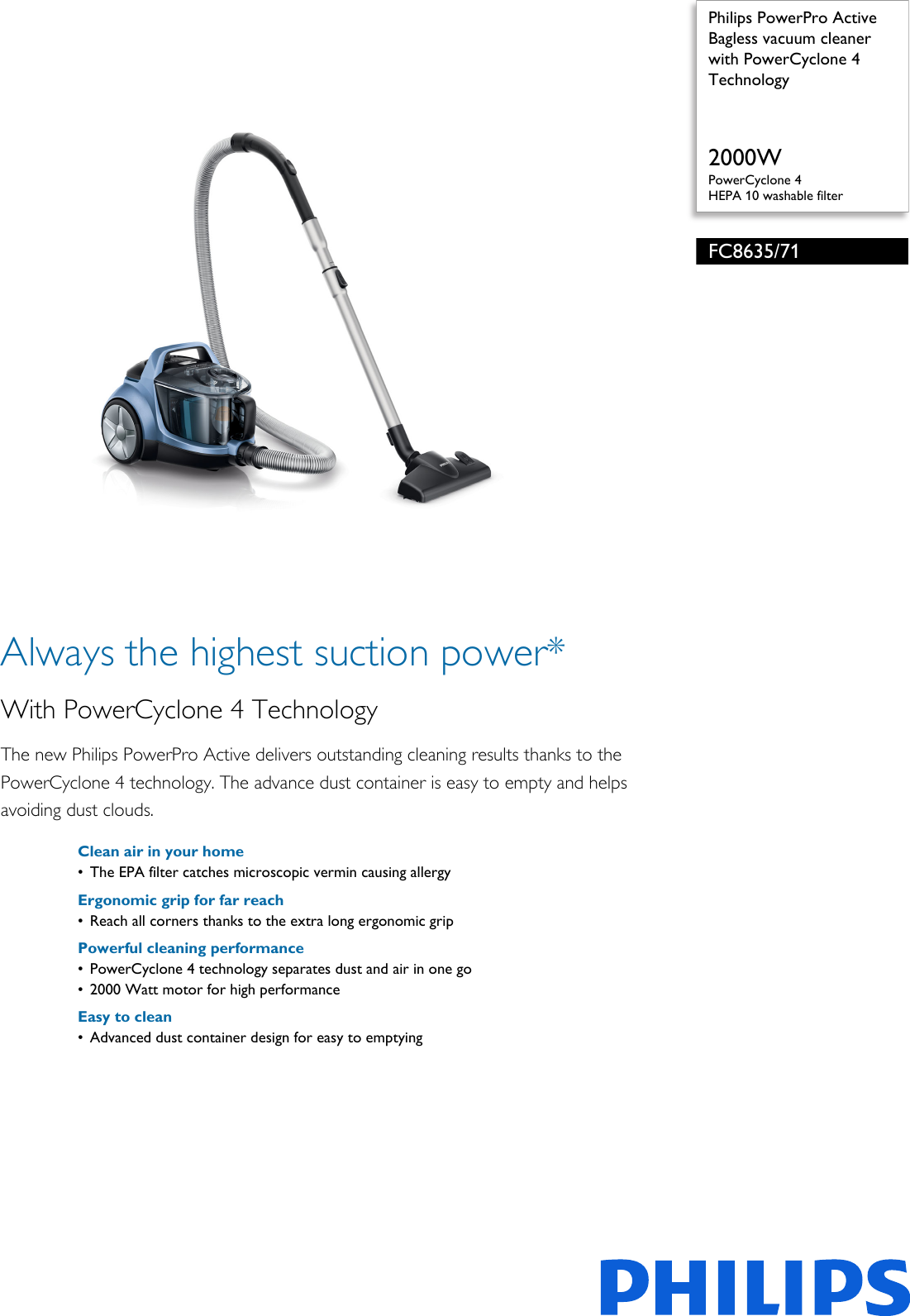 Philips FC8635/71 Bagless Vacuum Cleaner With PowerCyclone 4 Technology