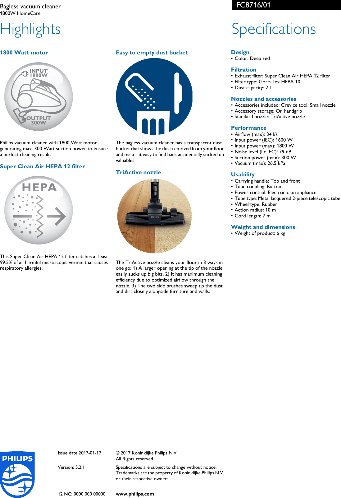 Page 2 of 2 - Philips FC8716/01 Bagless Vacuum Cleaner With TriActive Nozzle User Manual Leaflet Fc8716 01 Pss
