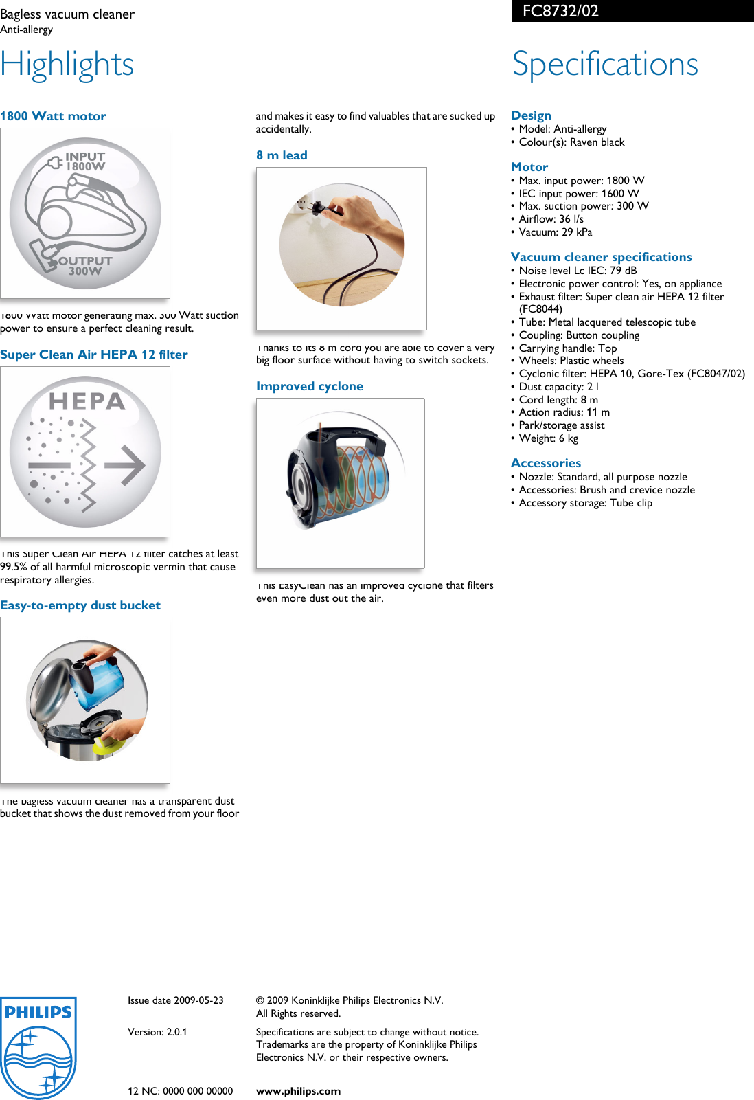 Page 2 of 2 - Philips FC8732/02 Bagless Vacuum Cleaner User Manual Leaflet Fc8732 02 Pss Enggb