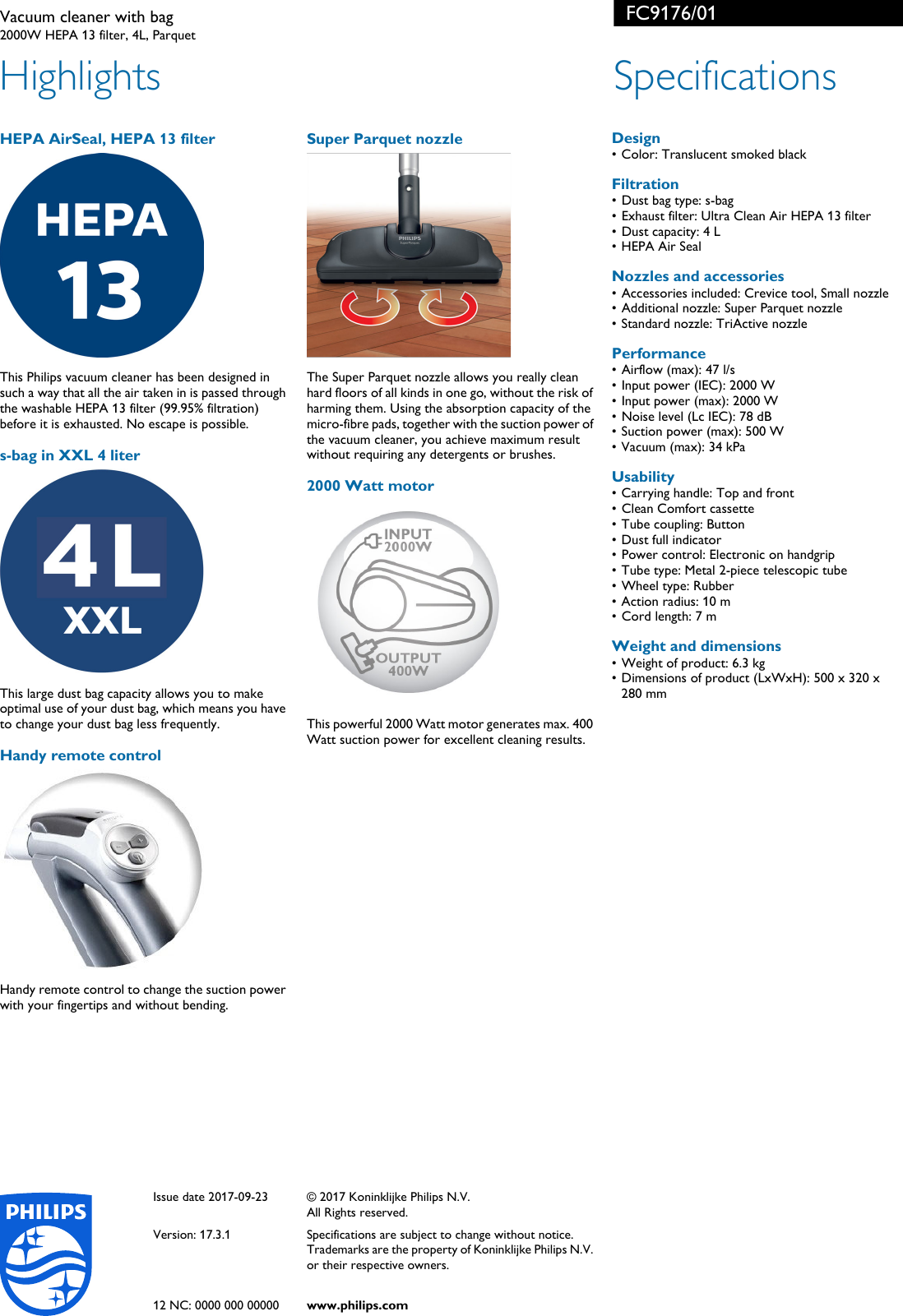 Page 2 of 2 - Philips FC9176/01 Vacuum Cleaner With Bag TriActive Nozzle User Manual Scheda Tecnica Fc9176 01 Pss