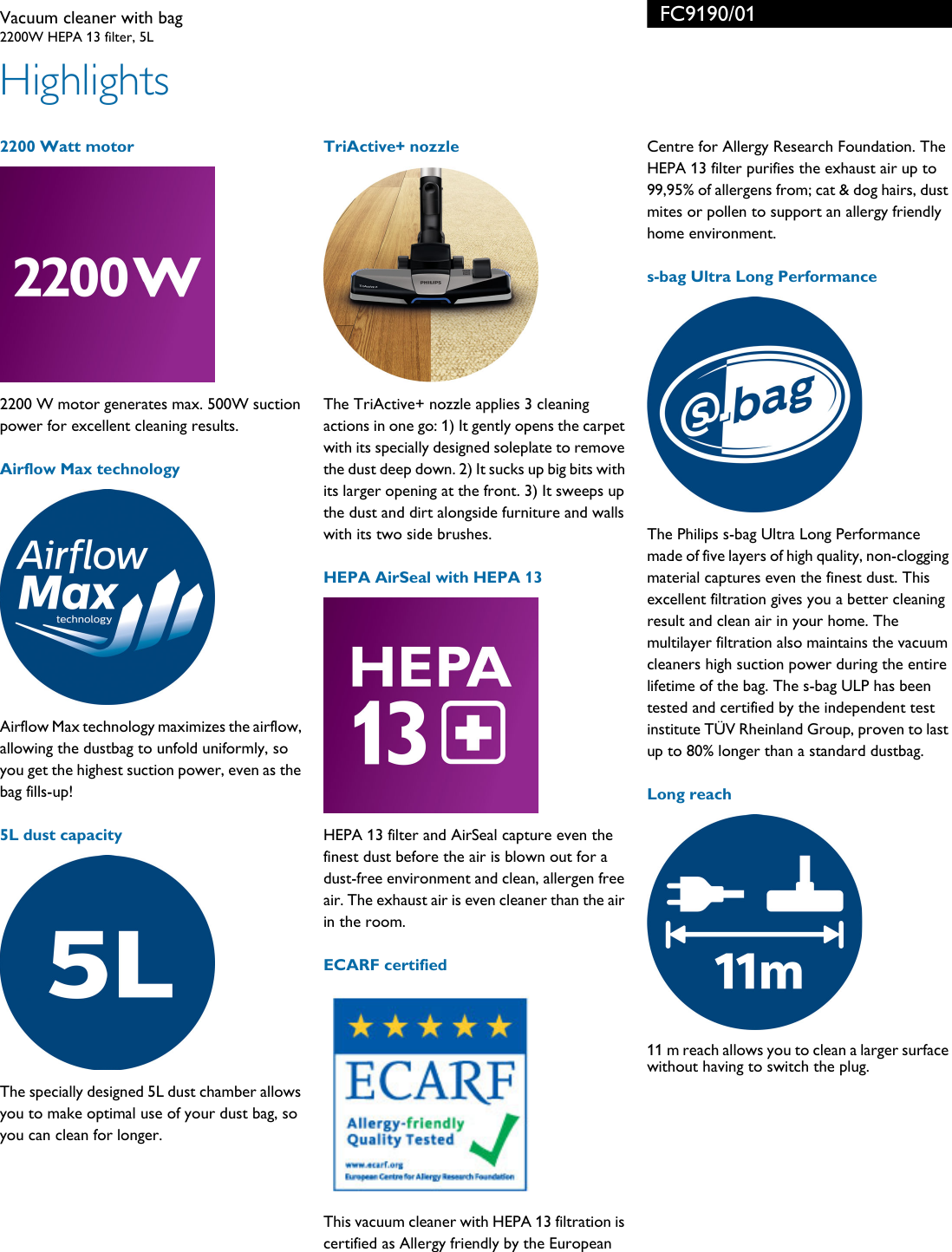 Page 2 of 3 - Philips FC9190/01 Vacuum Cleaner With Bag TriActive+ Nozzle User Manual Leaflet Fc9190 01 Pss