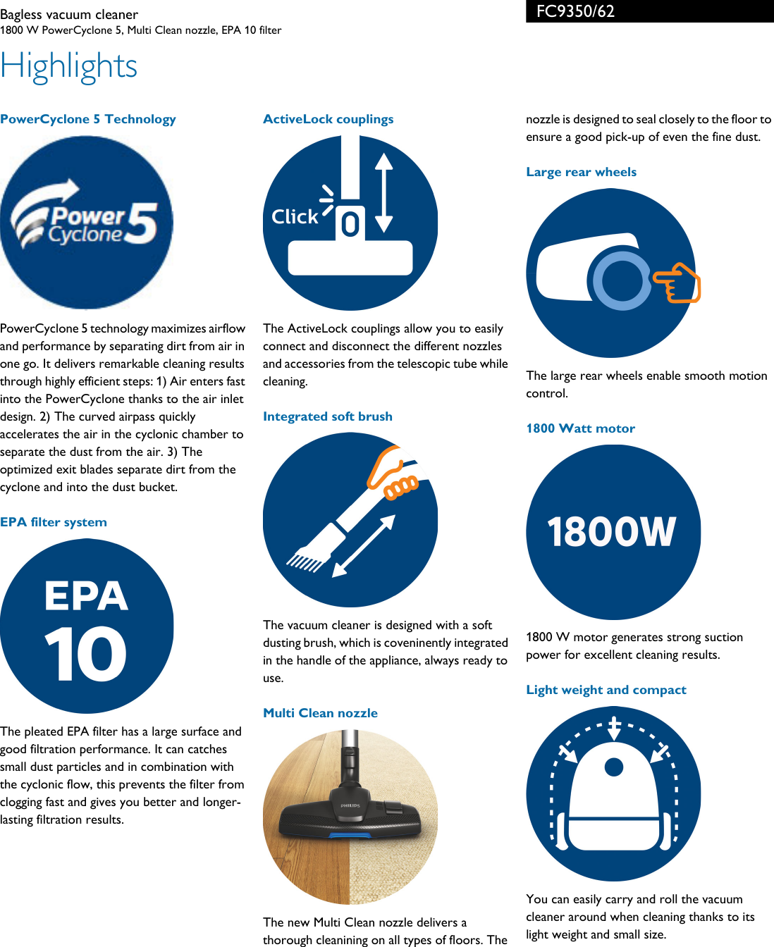 Page 2 of 3 - Philips FC9350/62 Bagless Vacuum Cleaner With PowerCyclone 5 Technology User Manual Leaflet Fc9350 62 Pss Engmy