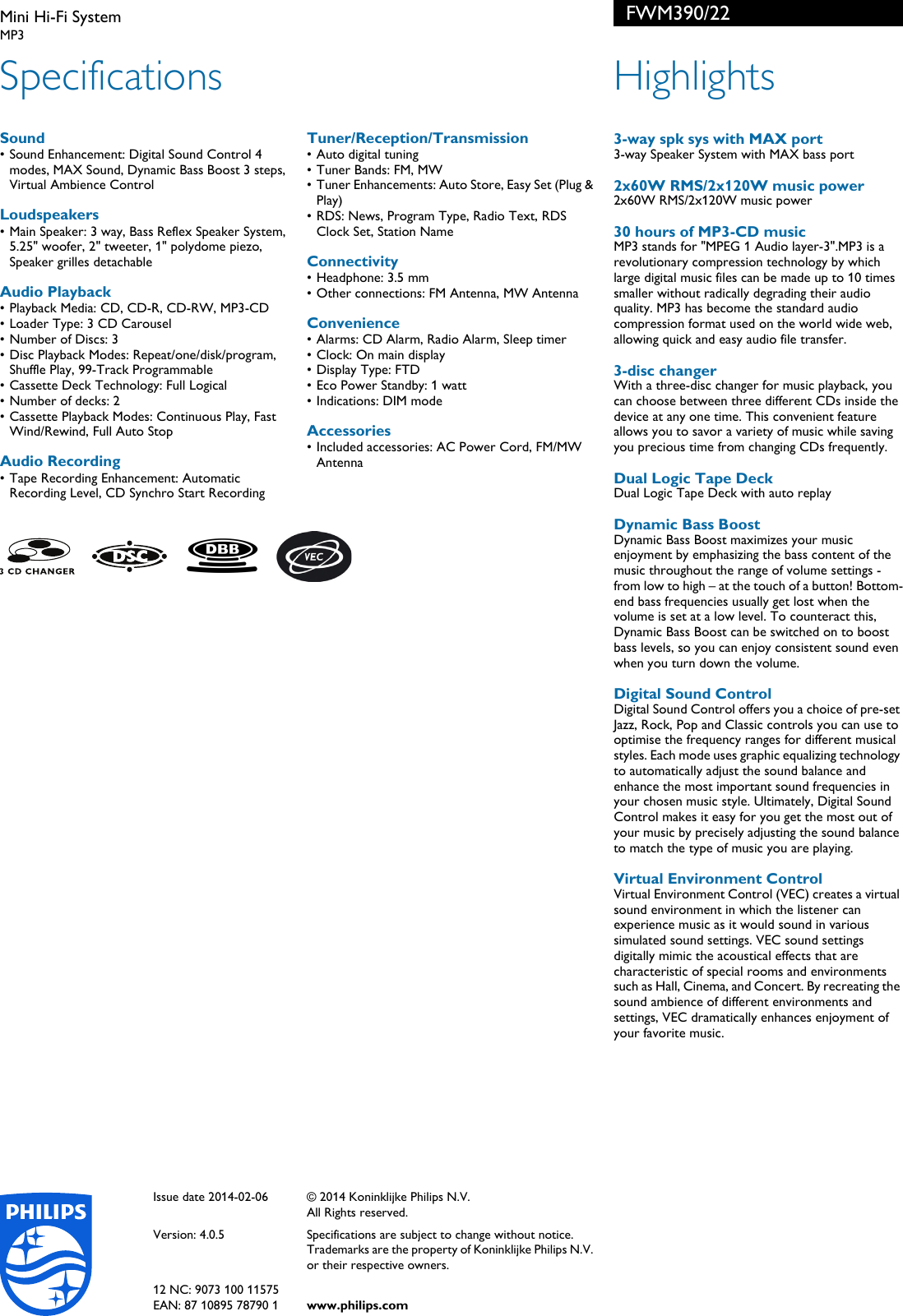 Page 2 of 2 - Philips FWM390/22 Mini Hi-Fi System User Manual Specifikační List Výrobku Fwm390 22 Pss
