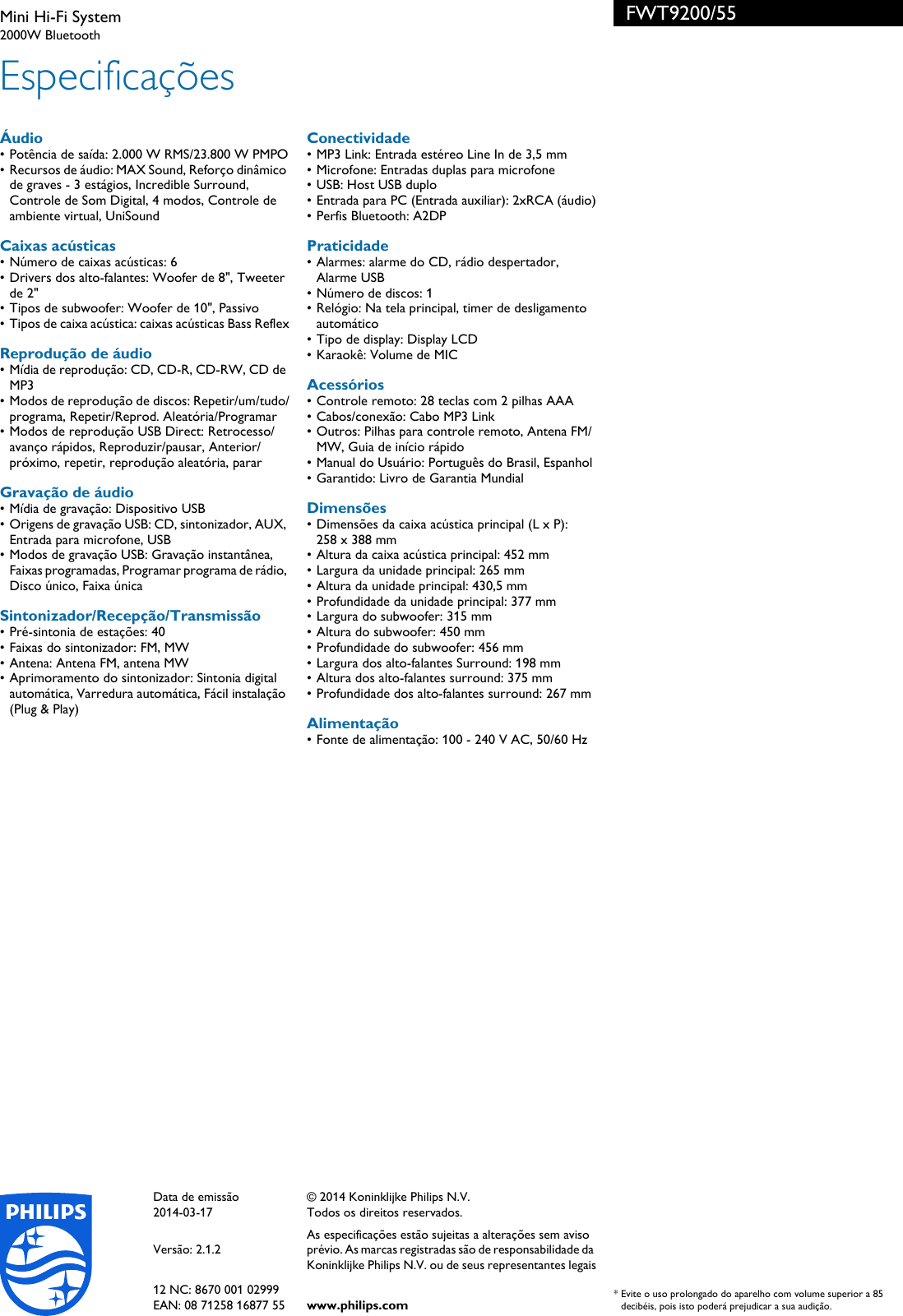 Page 3 of 3 - Philips FWT9200/55 Mini Hi-Fi System User Manual Folheto Fwt9200 55 Pss Brpbr