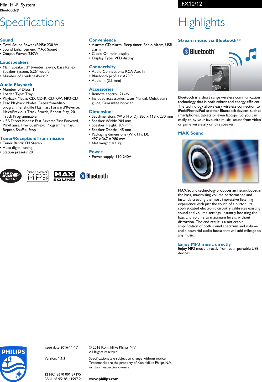 Page 2 of 2 - Philips FX10/12 Mini Hi-Fi System User Manual Leaflet Fx10 12 Pss Enggb