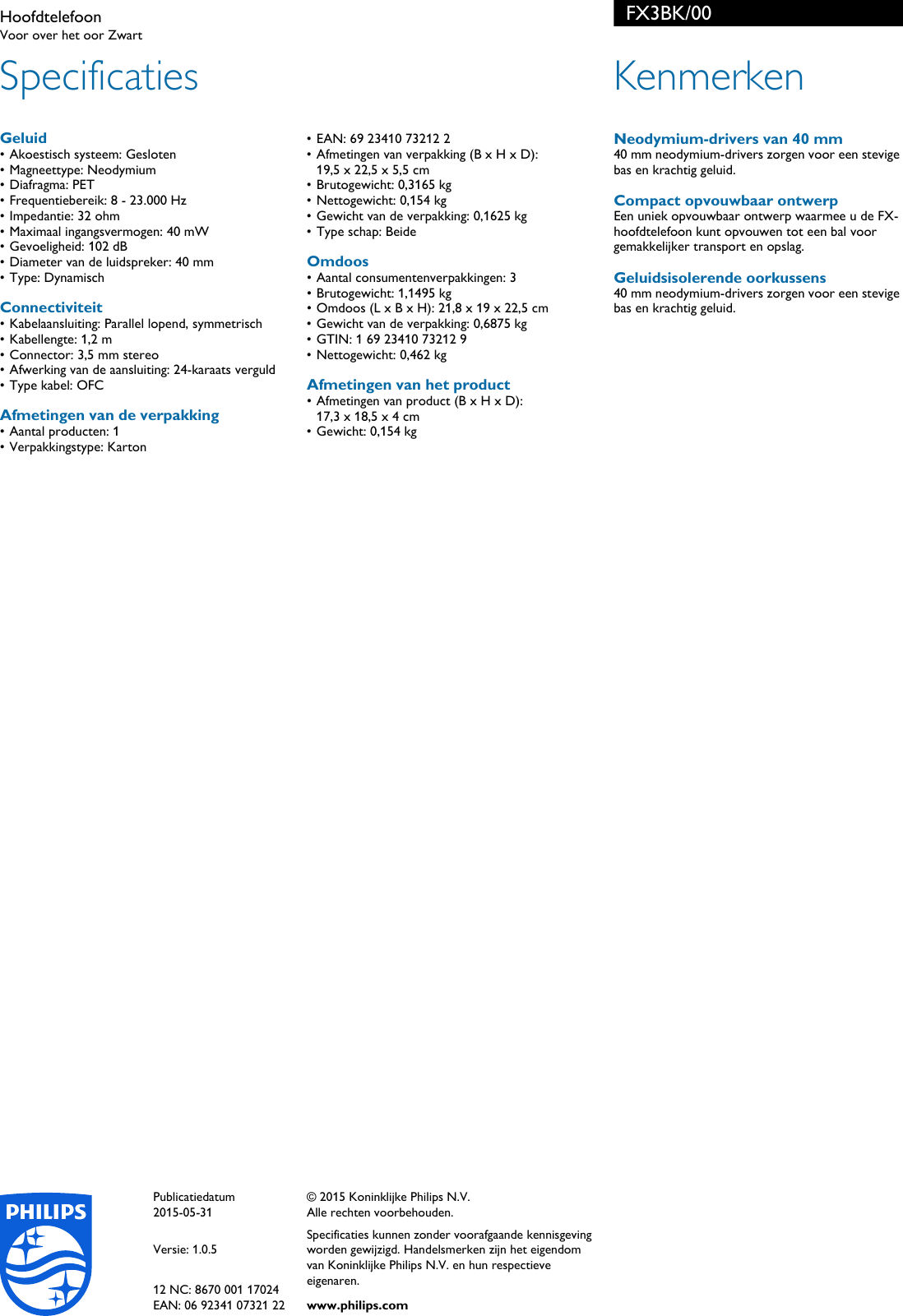 Page 2 of 2 - Philips FX3BK/00 Hoofdtelefoon User Manual Brochure Fx3bk 00 Pss Nldbe