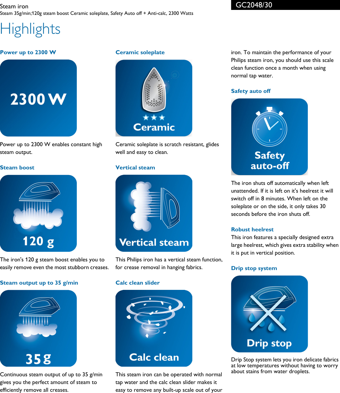 Page 2 of 3 - Philips GC2048/30 Steam Iron With Ceramic Soleplate User Manual Leaflet Gc2048 30 Pss Aenin