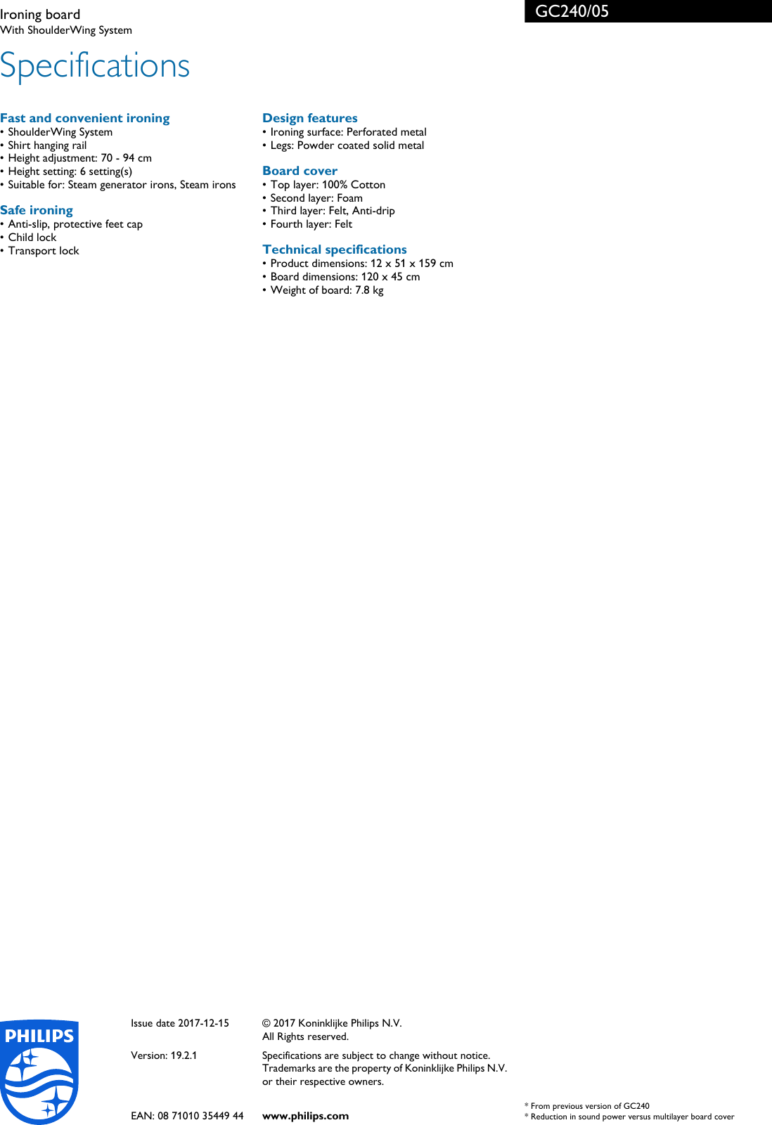 Page 3 of 3 - Philips GC240/05 Ironing Board User Manual Leaflet Gc240 05 Pss Engau