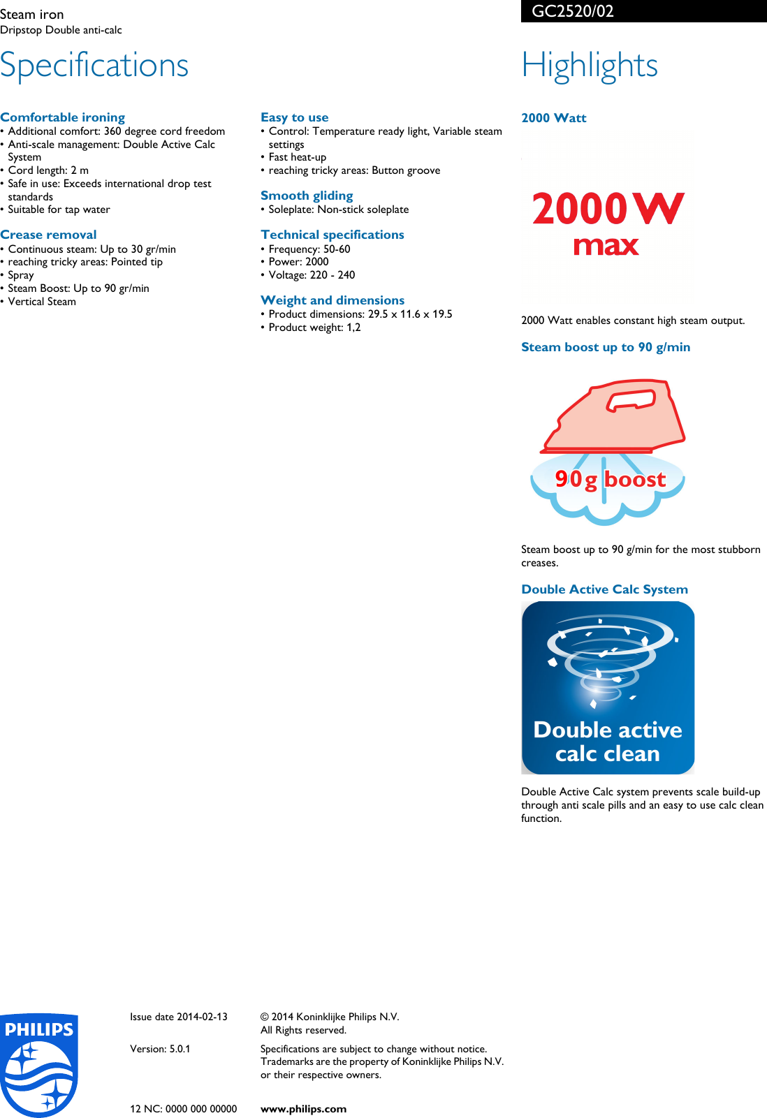 Page 2 of 2 - Philips GC2520 GC2520/02 Steam Iron User Manual Leaflet 02 Pss Aenin